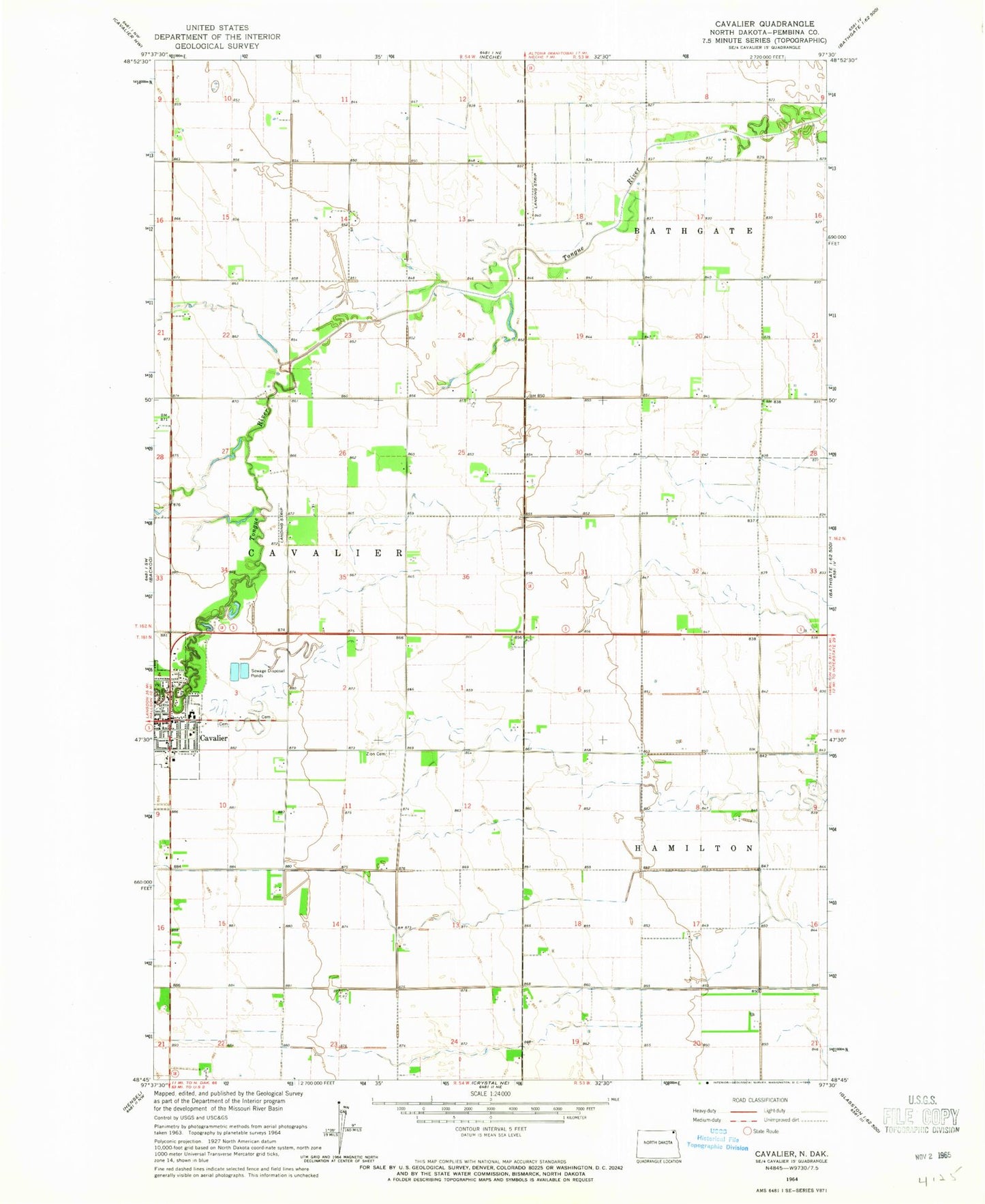 Classic USGS Cavalier North Dakota 7.5'x7.5' Topo Map Image