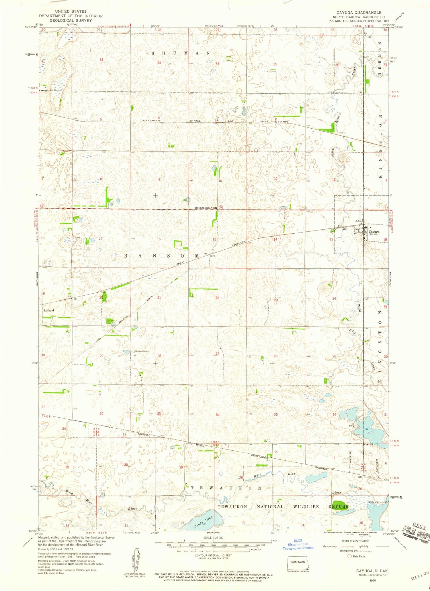 Classic USGS Cayuga North Dakota 7.5'x7.5' Topo Map Image