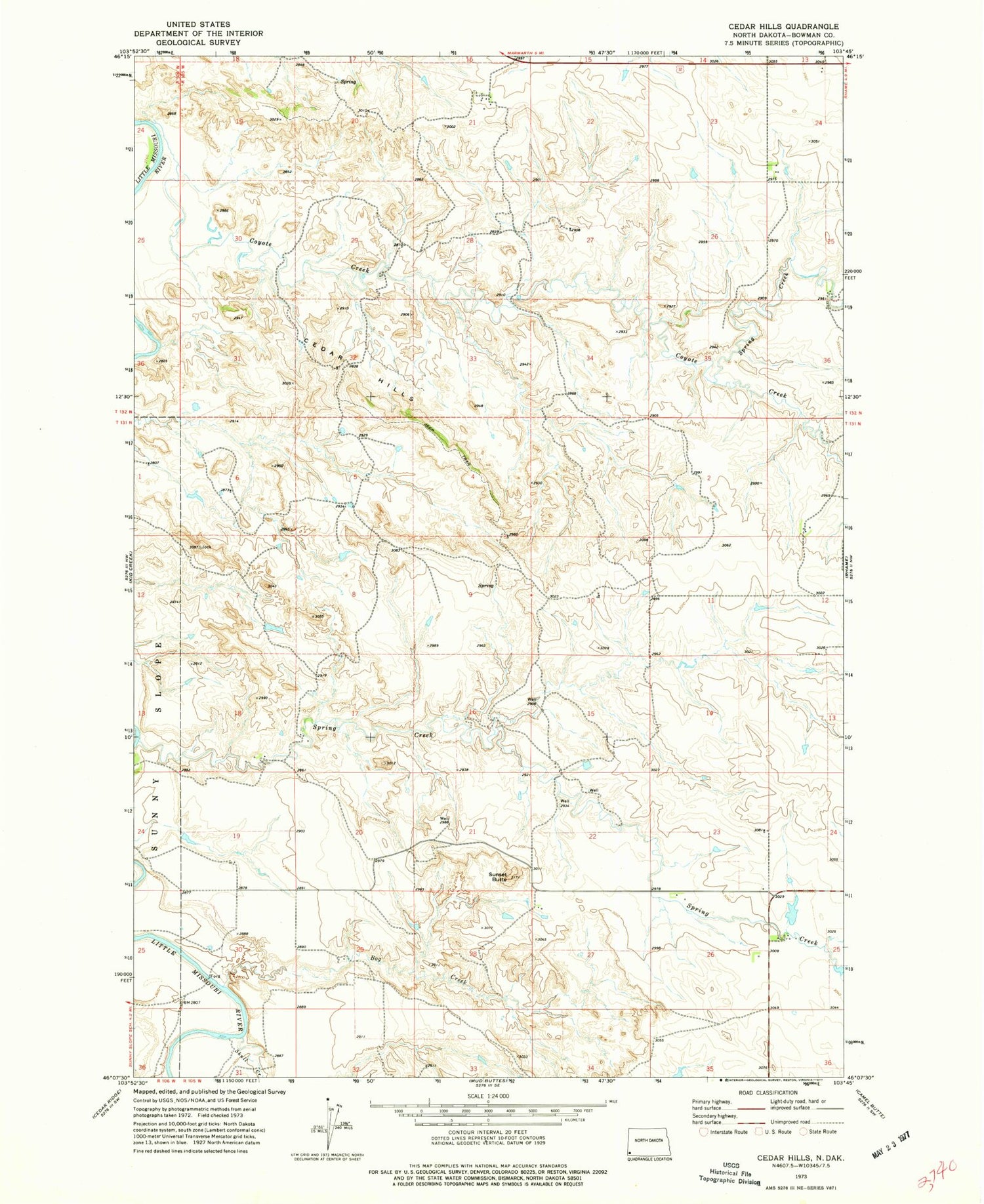 Classic USGS Cedar Hills North Dakota 7.5'x7.5' Topo Map Image