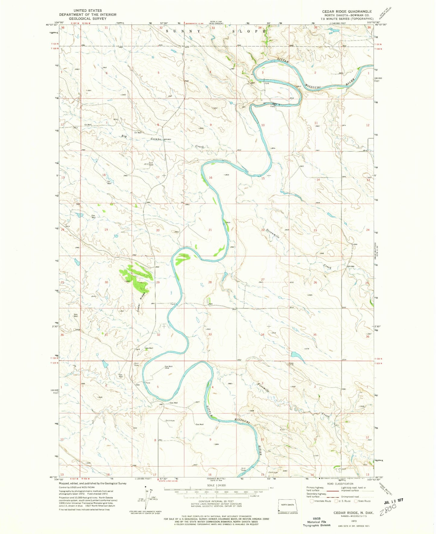 Classic USGS Cedar Ridge North Dakota 7.5'x7.5' Topo Map Image