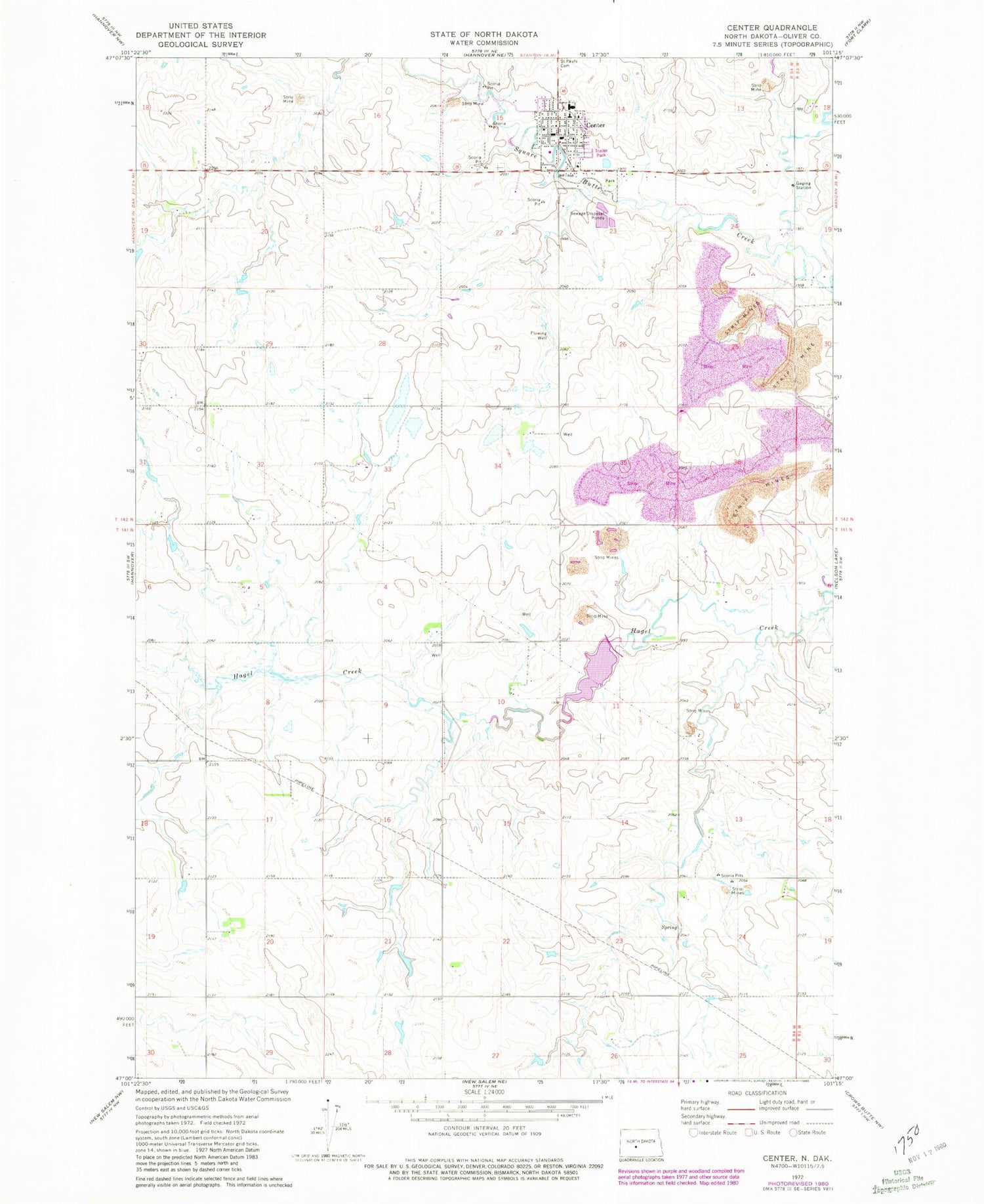 Classic USGS Center North Dakota 7.5'x7.5' Topo Map Image