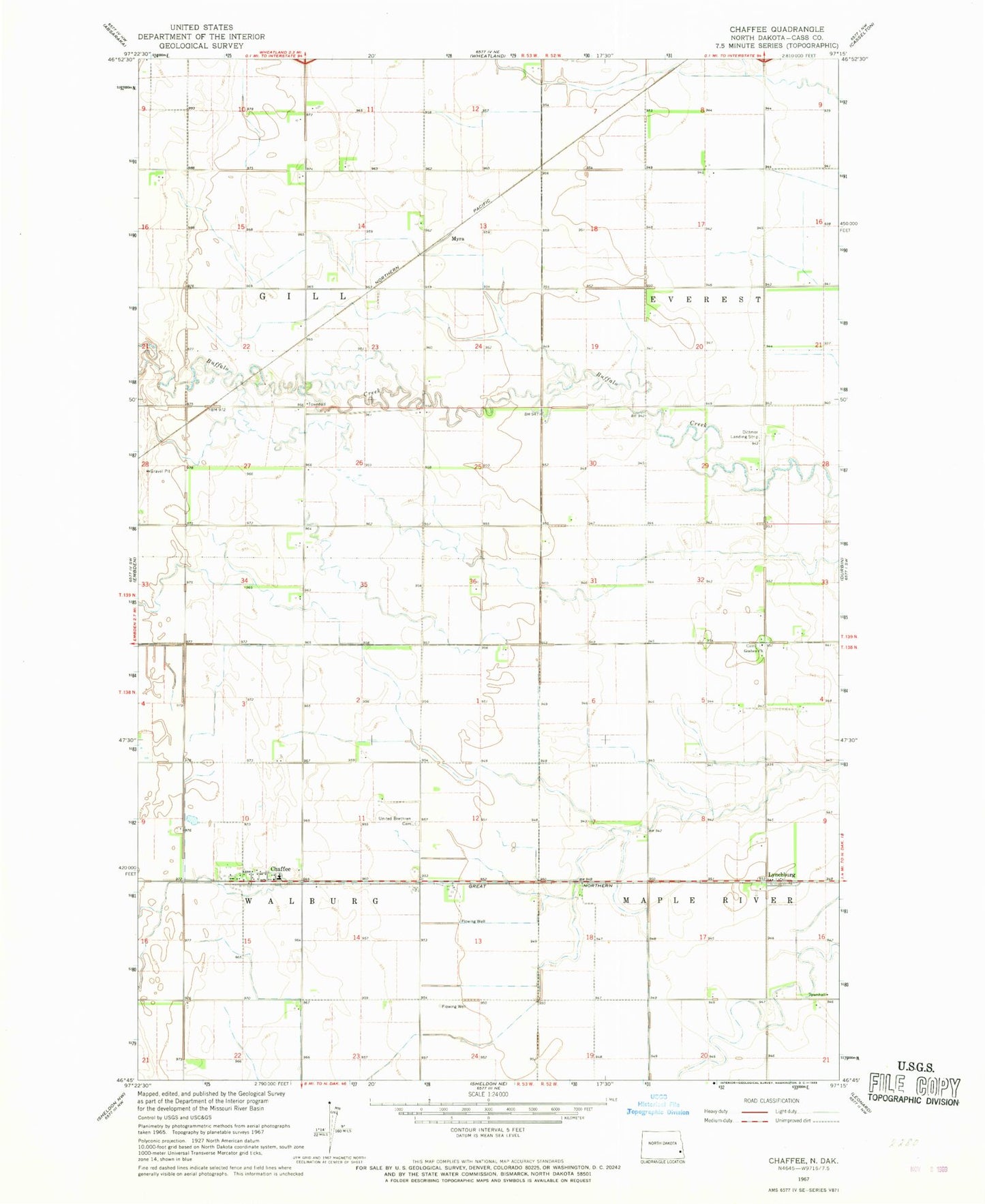Classic USGS Chaffee North Dakota 7.5'x7.5' Topo Map Image
