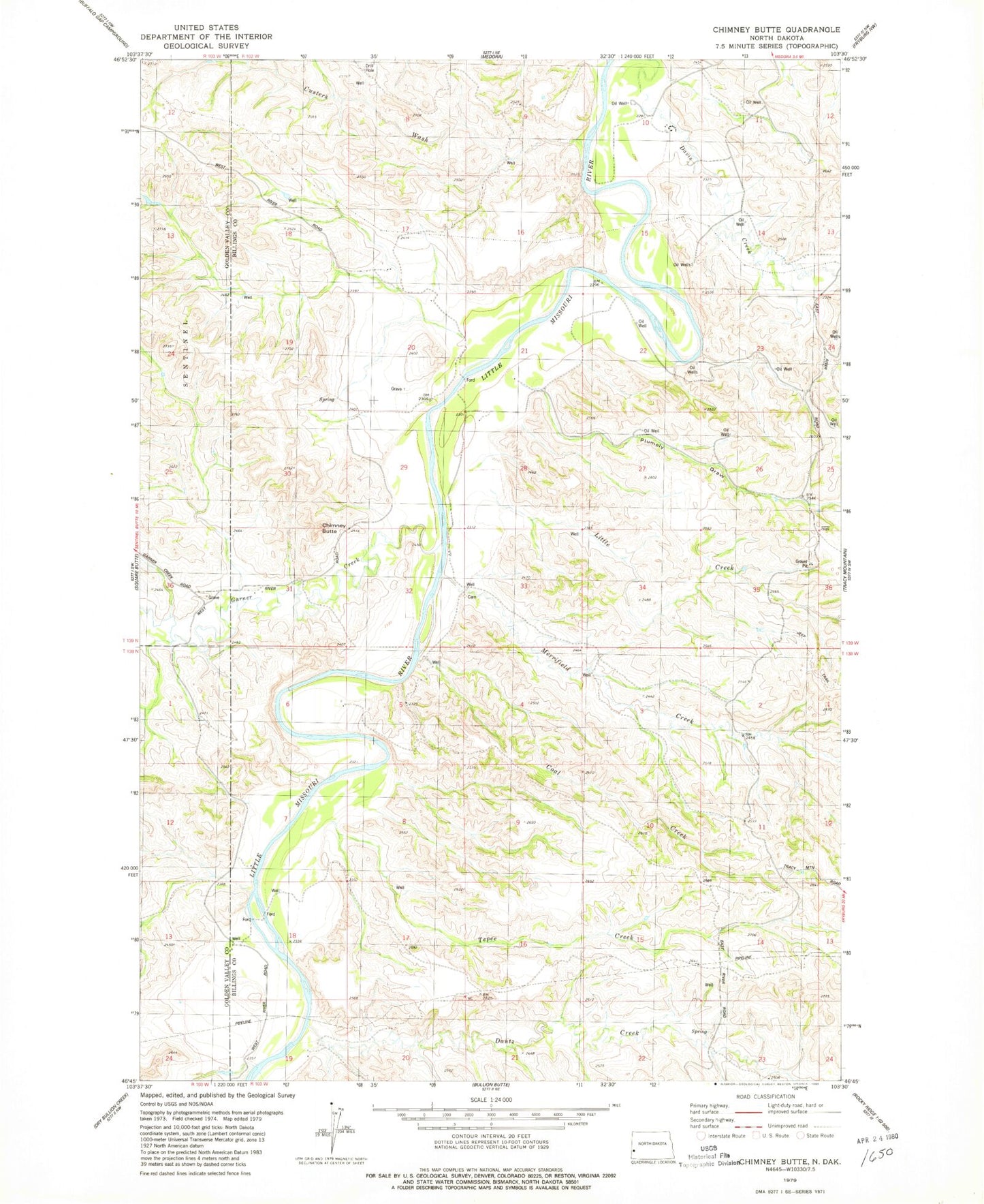 Classic USGS Chimney Butte North Dakota 7.5'x7.5' Topo Map Image