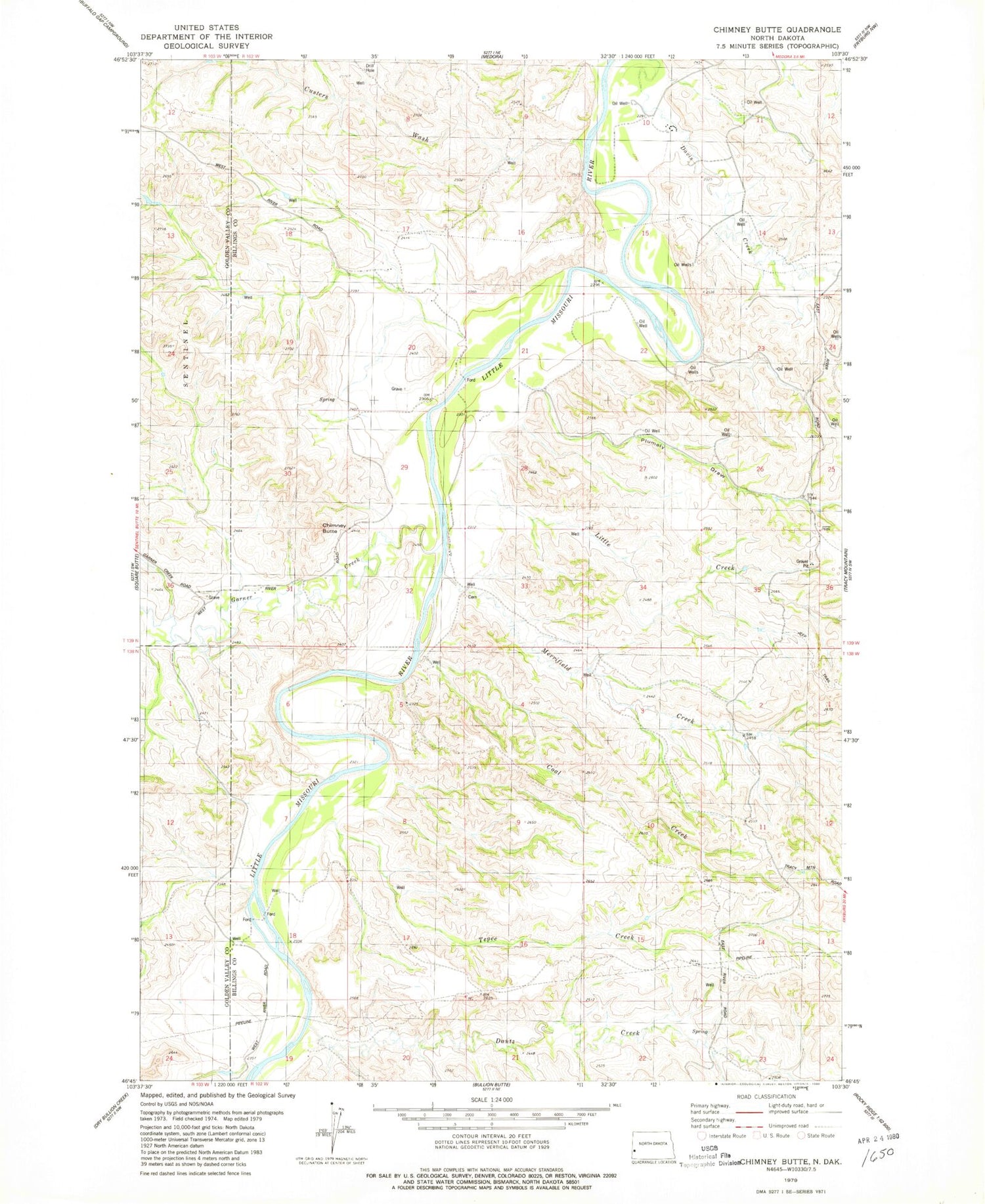 Classic USGS Chimney Butte North Dakota 7.5'x7.5' Topo Map Image
