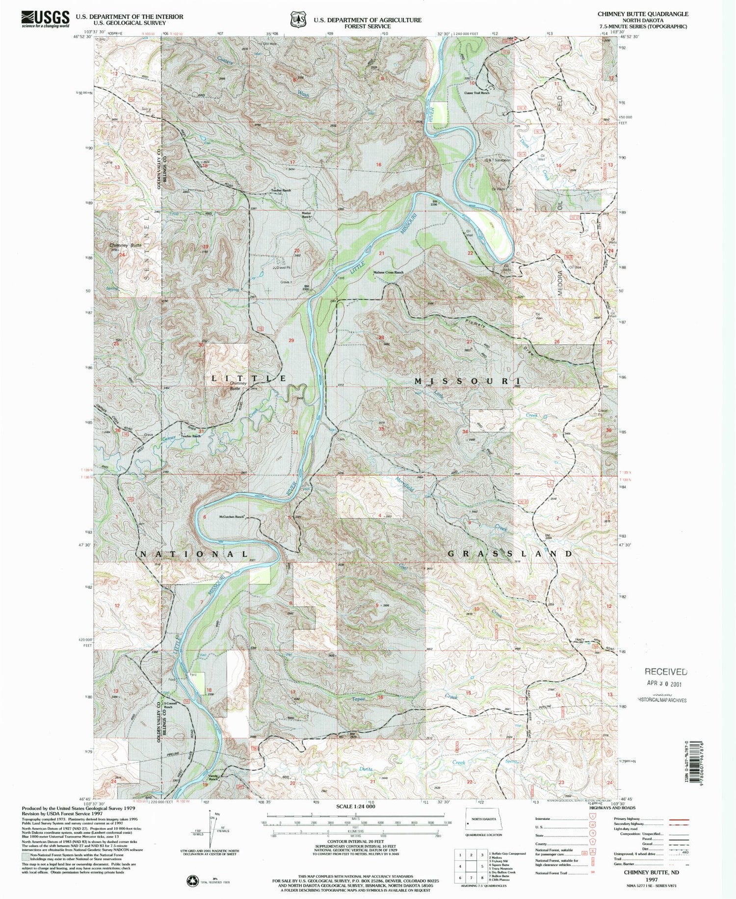 Classic USGS Chimney Butte North Dakota 7.5'x7.5' Topo Map Image