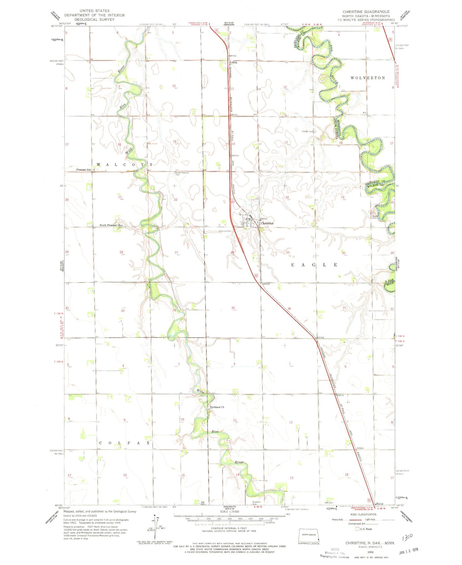 Classic USGS Christine North Dakota 7.5'x7.5' Topo Map Image