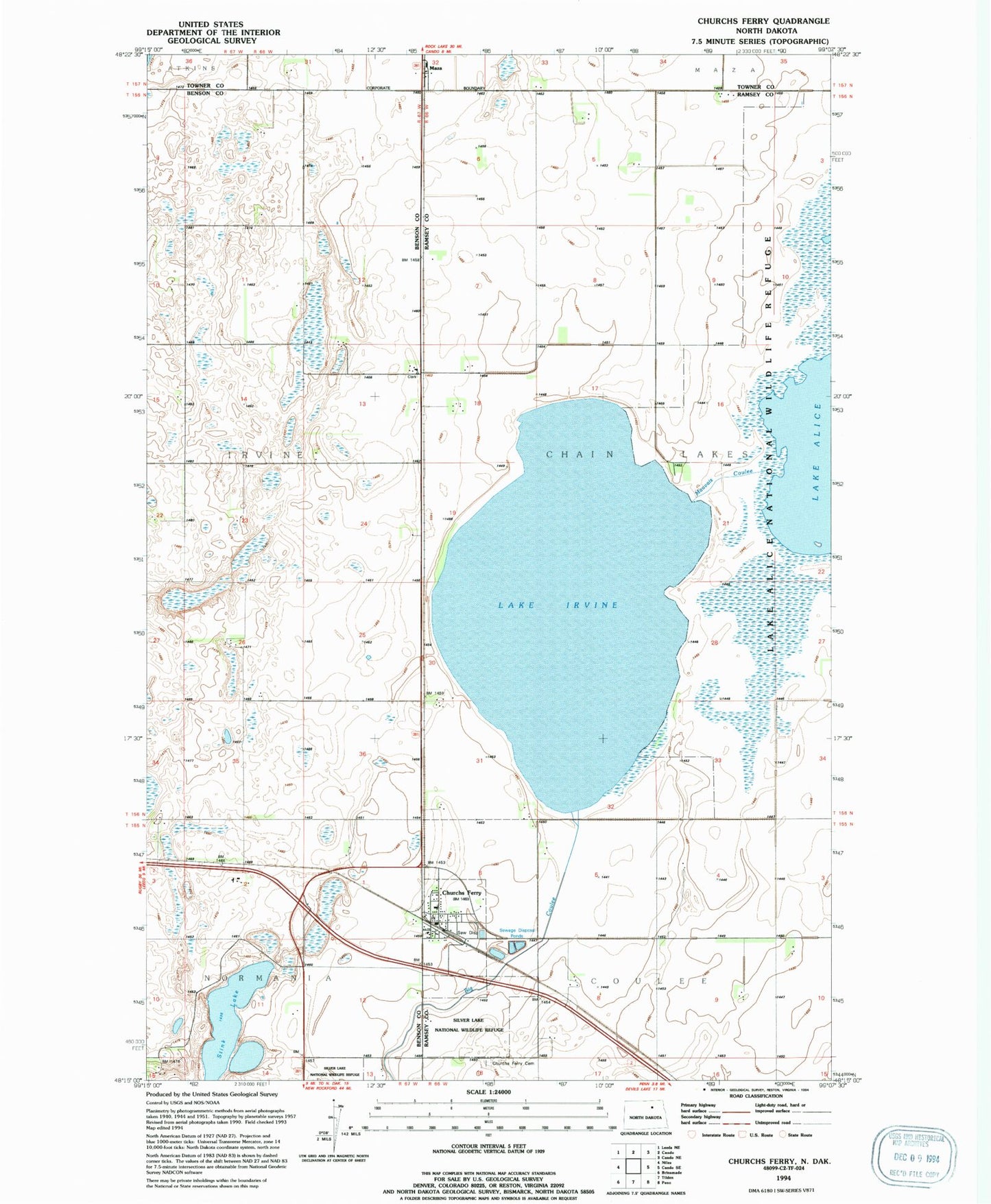 Classic USGS Churchs Ferry North Dakota 7.5'x7.5' Topo Map Image