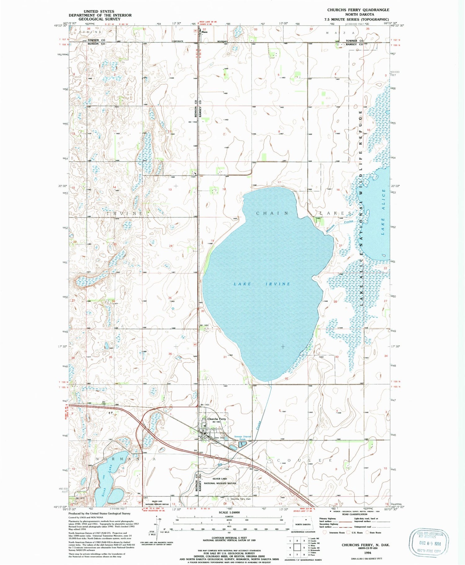Classic USGS Churchs Ferry North Dakota 7.5'x7.5' Topo Map Image
