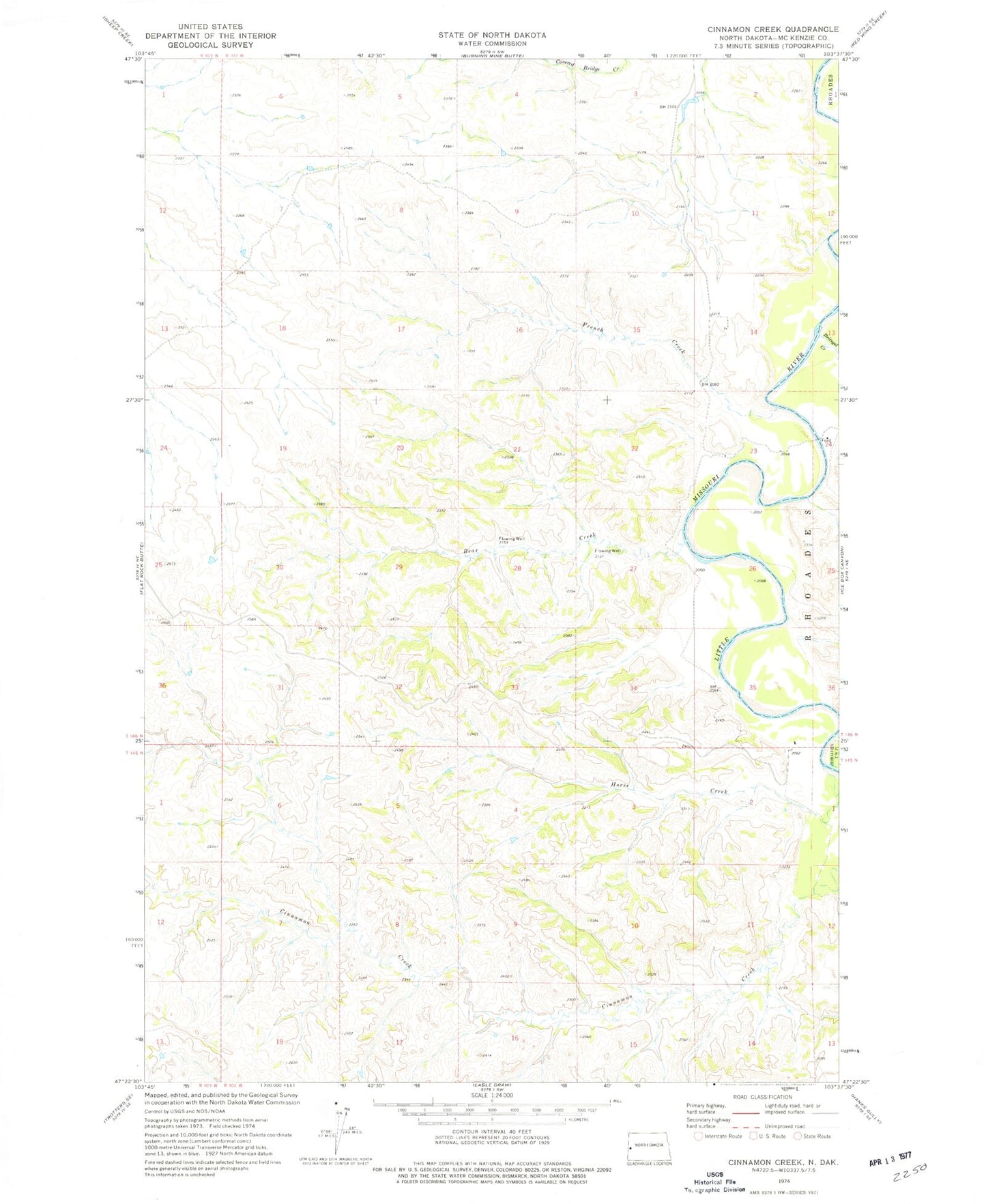 Classic USGS Cinnamon Creek North Dakota 7.5'x7.5' Topo Map Image