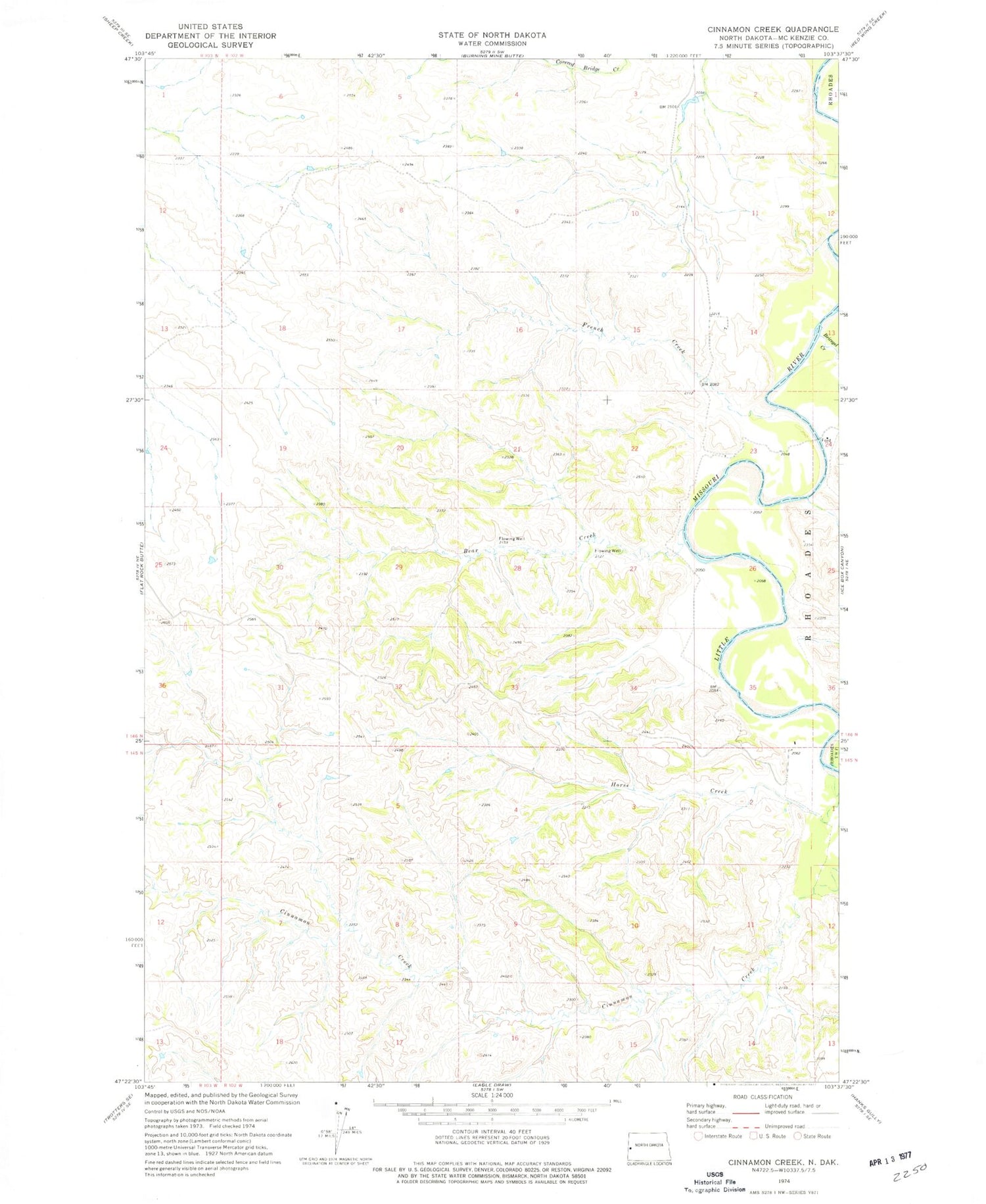 Classic USGS Cinnamon Creek North Dakota 7.5'x7.5' Topo Map Image