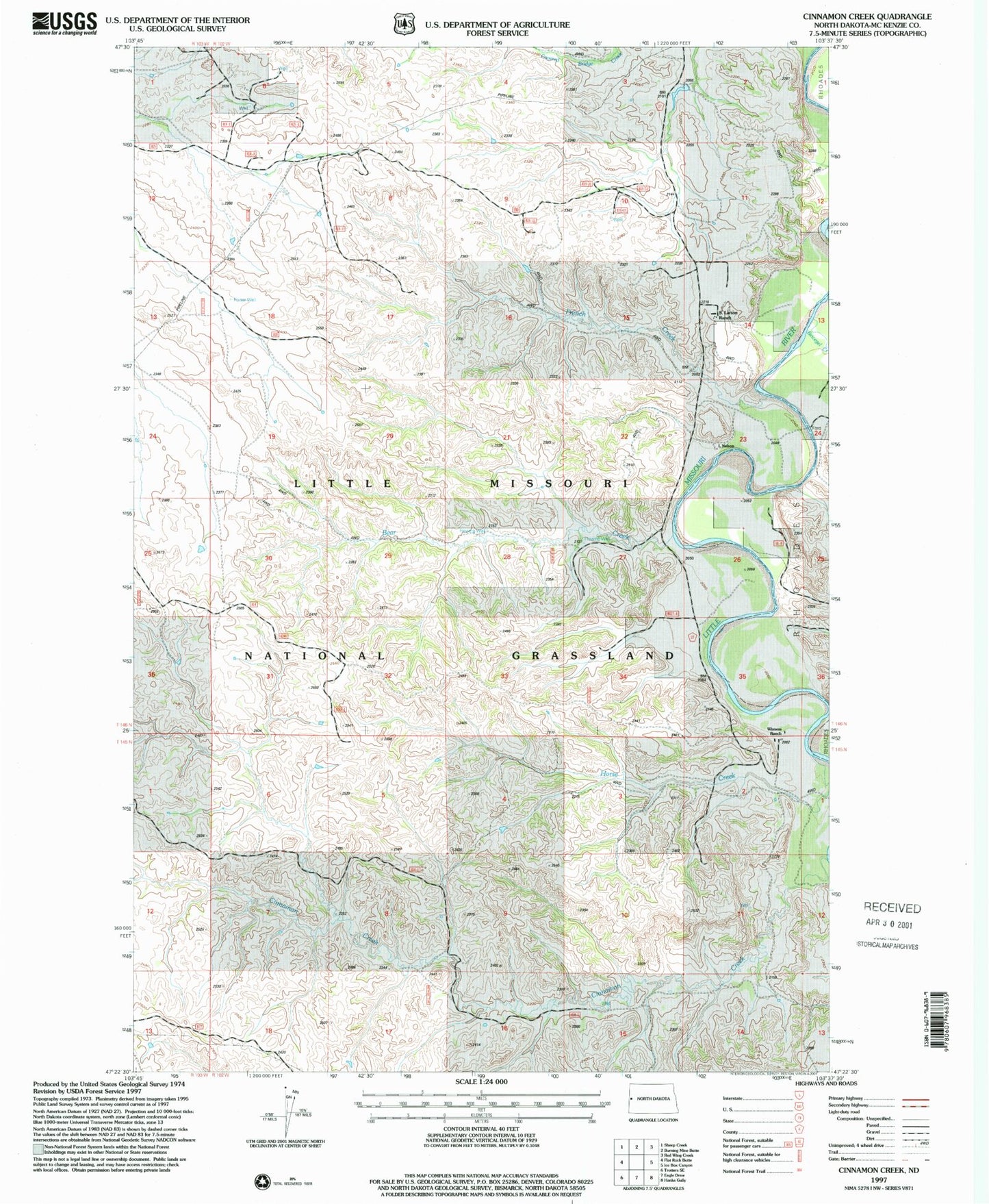 Classic USGS Cinnamon Creek North Dakota 7.5'x7.5' Topo Map Image