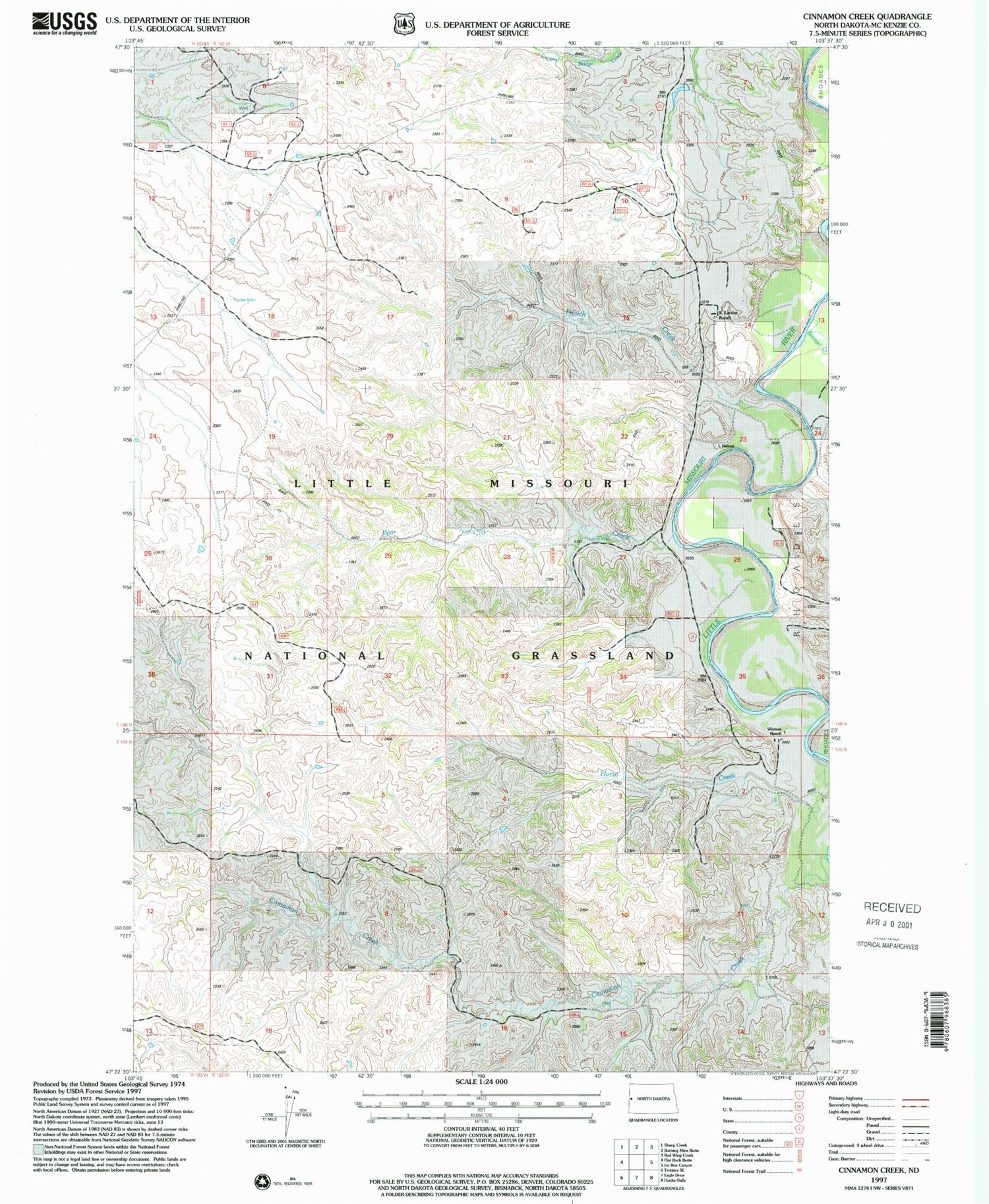 Classic USGS Cinnamon Creek North Dakota 7.5'x7.5' Topo Map Image