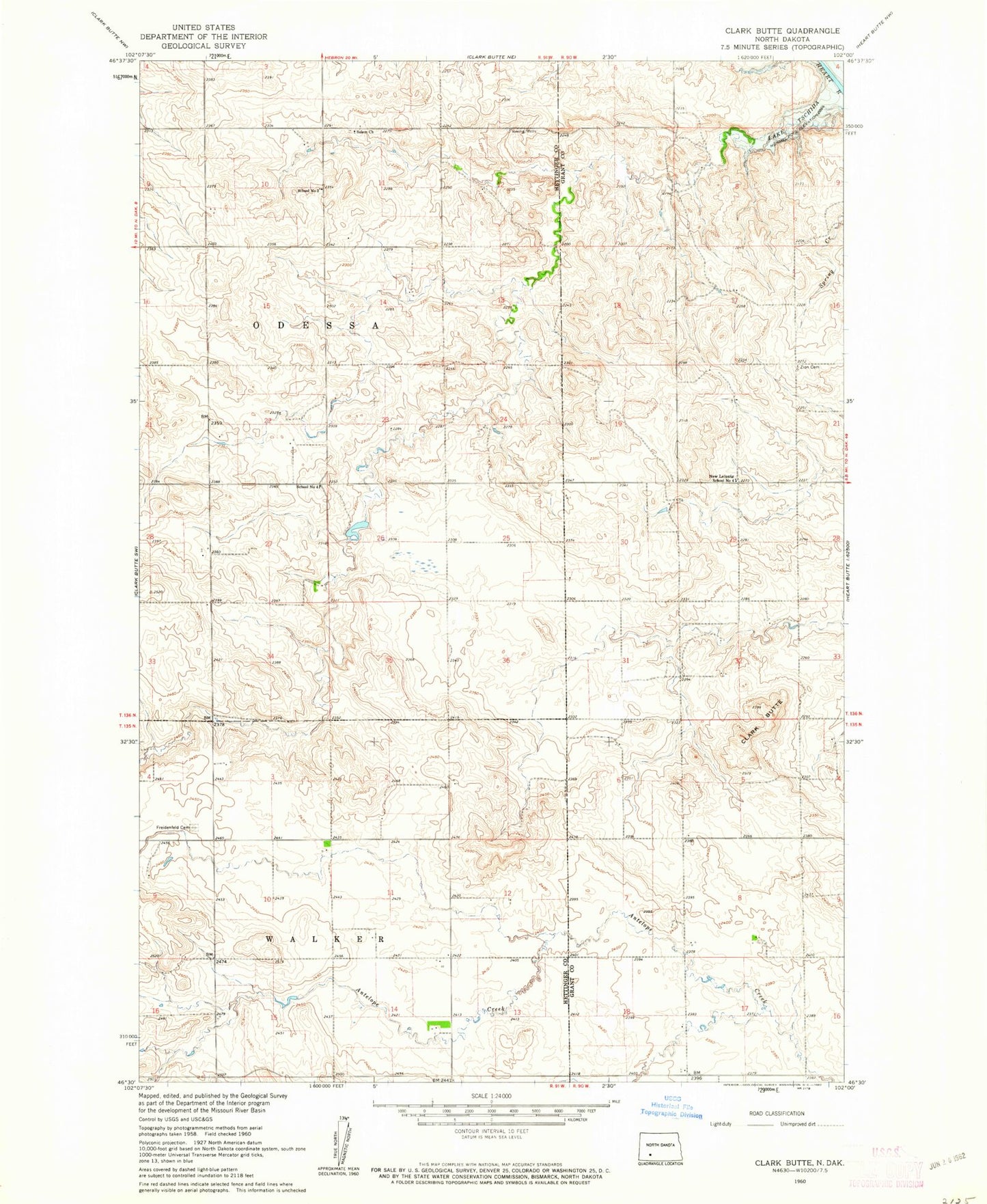 Classic USGS Clark Butte North Dakota 7.5'x7.5' Topo Map Image
