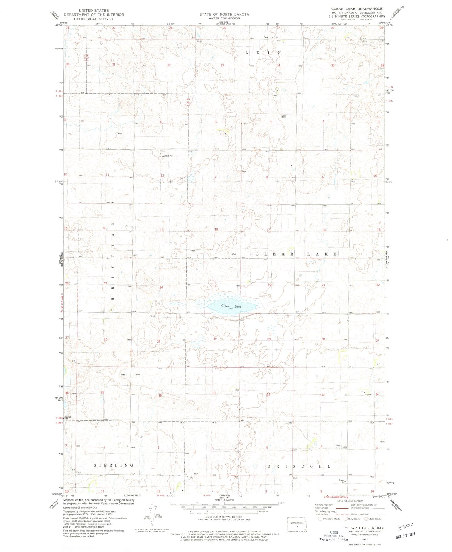 Classic USGS Clear Lake North Dakota 7.5'x7.5' Topo Map Image