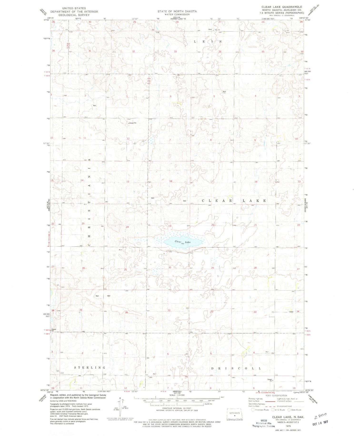 Classic USGS Clear Lake North Dakota 7.5'x7.5' Topo Map Image