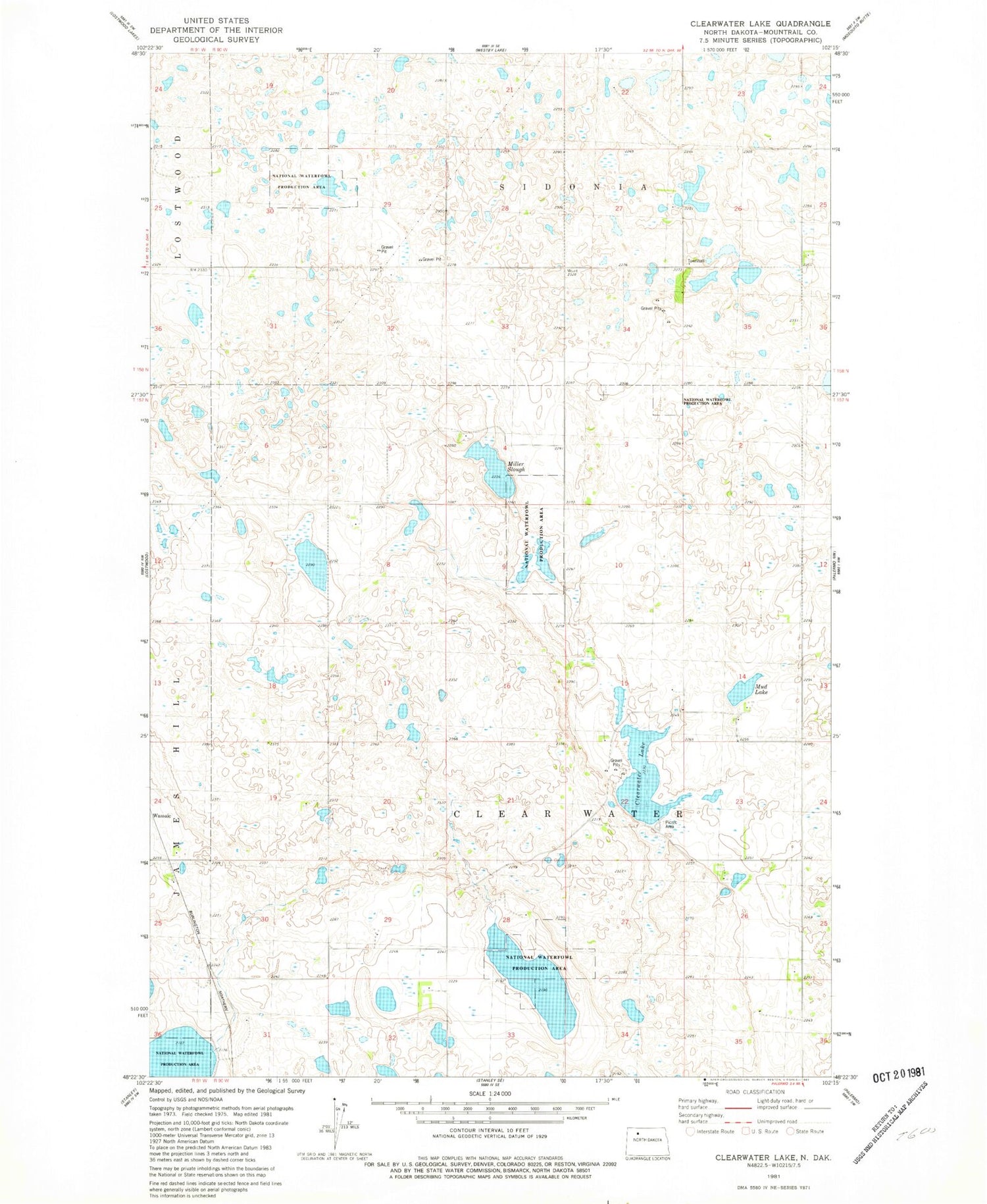 Classic USGS Clearwater Lake North Dakota 7.5'x7.5' Topo Map Image