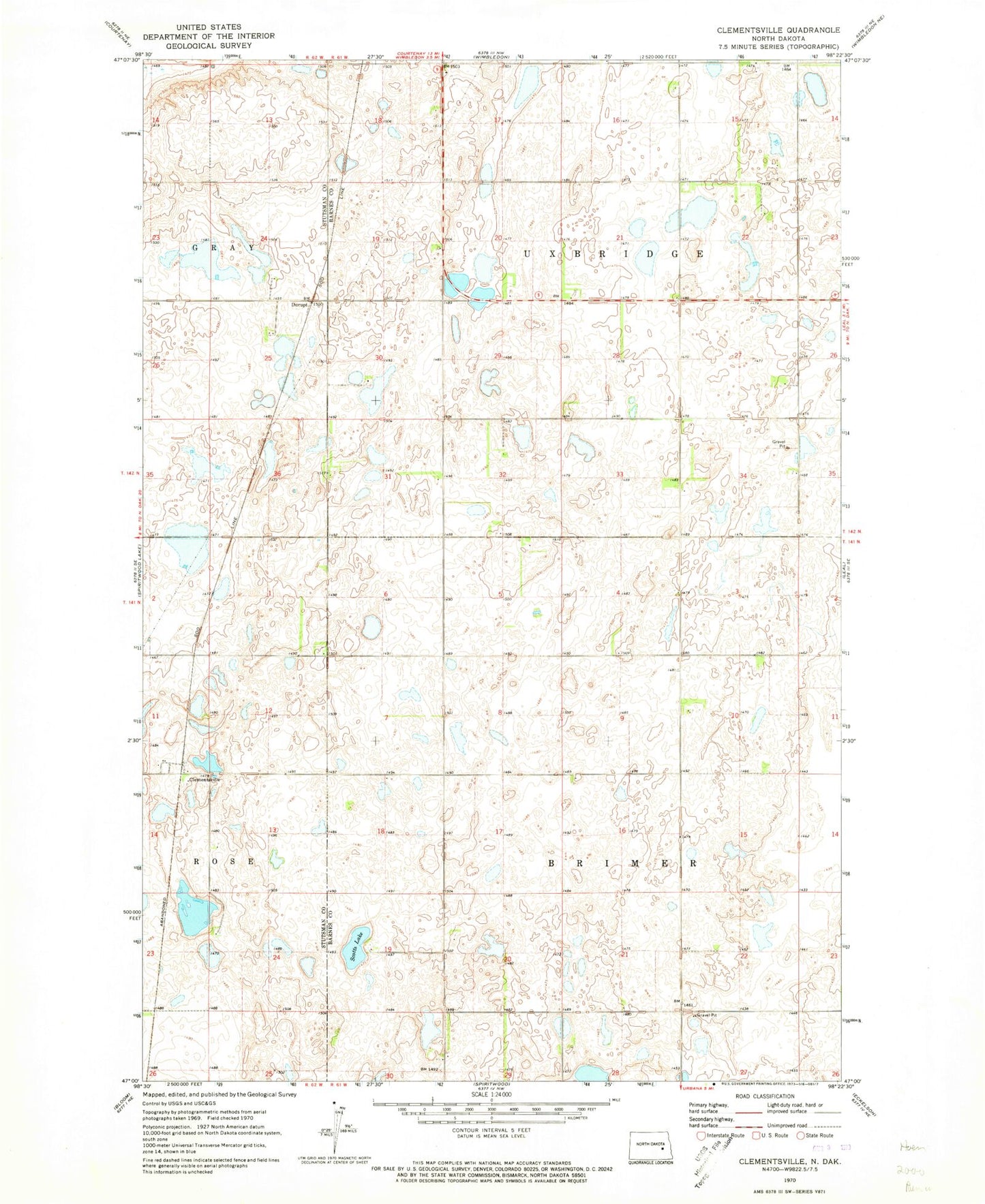 Classic USGS Clementsville North Dakota 7.5'x7.5' Topo Map Image