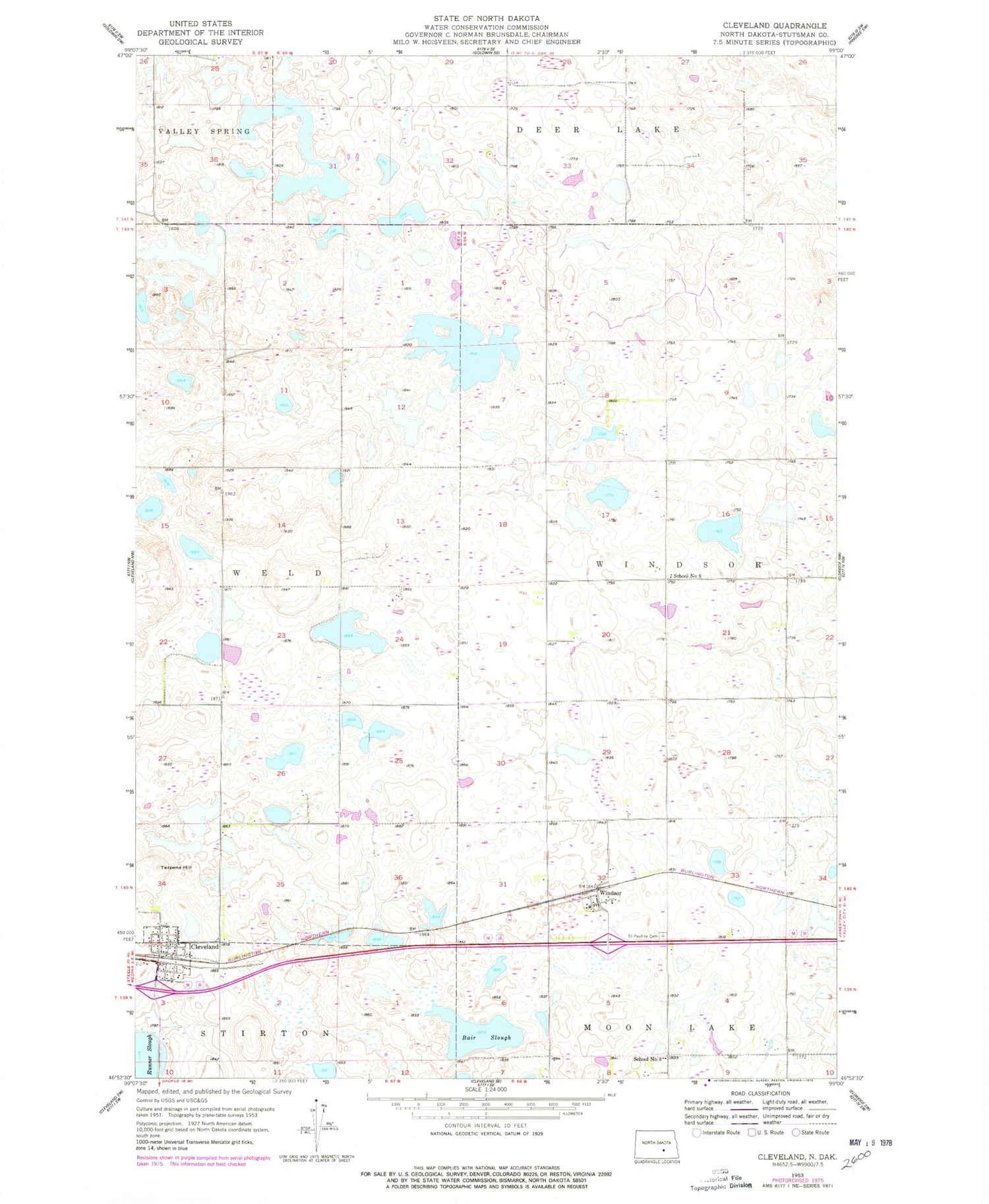 Classic USGS Cleveland North Dakota 7.5'x7.5' Topo Map Image