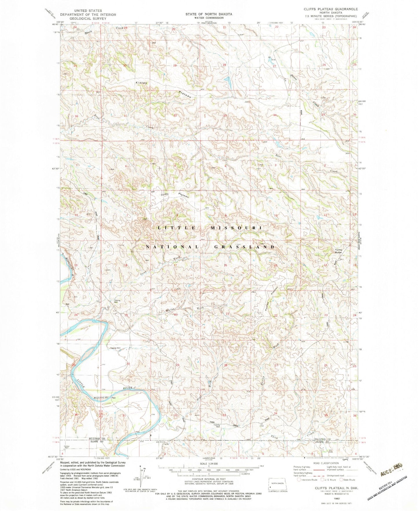 Classic USGS Cliffs Plateau North Dakota 7.5'x7.5' Topo Map Image