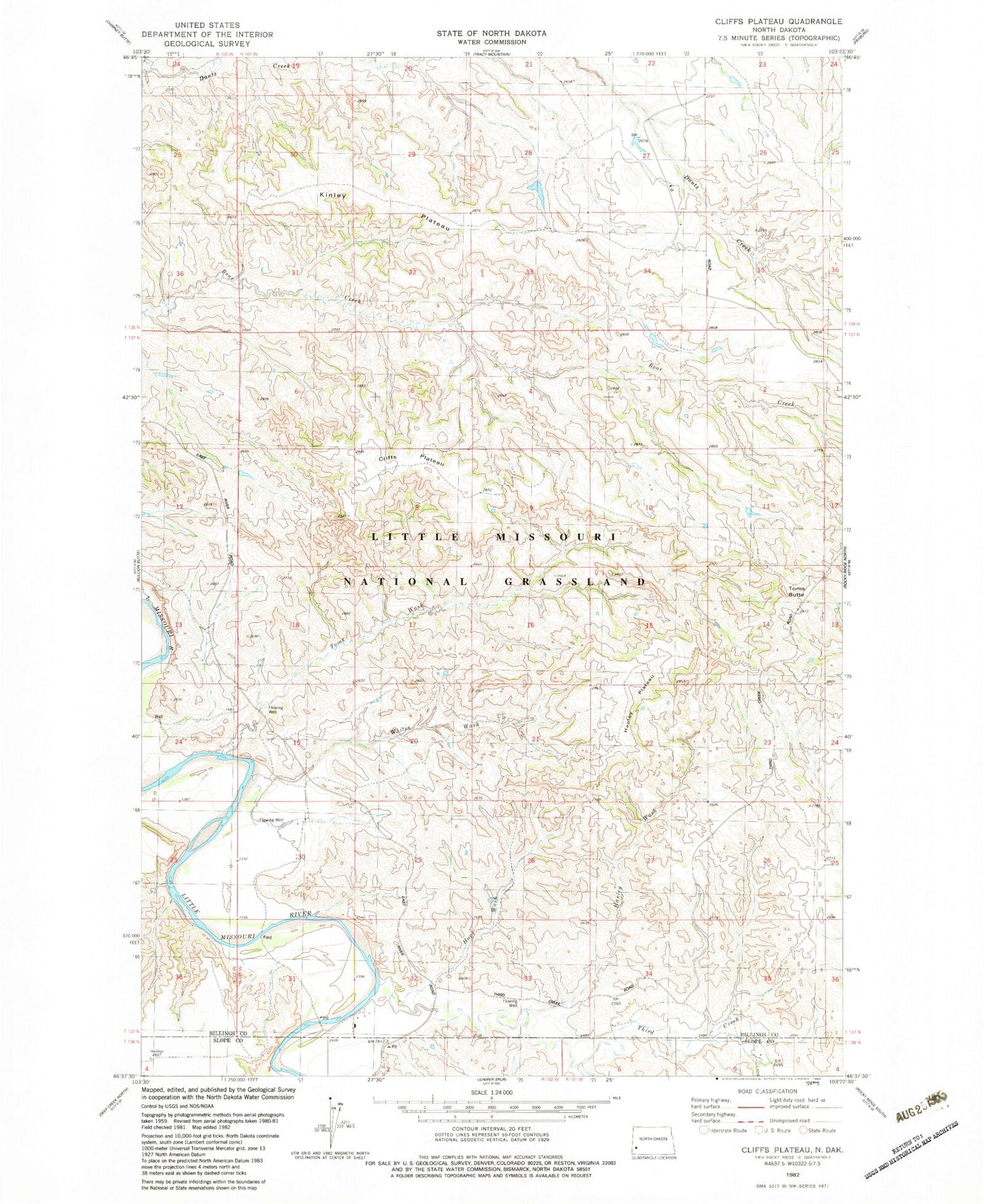 Classic USGS Cliffs Plateau North Dakota 7.5'x7.5' Topo Map Image