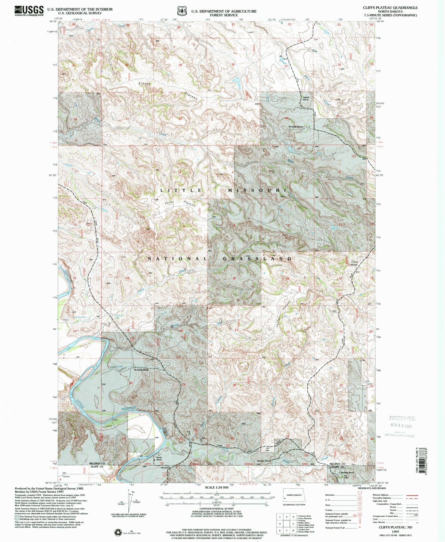 Classic USGS Cliffs Plateau North Dakota 7.5'x7.5' Topo Map Image