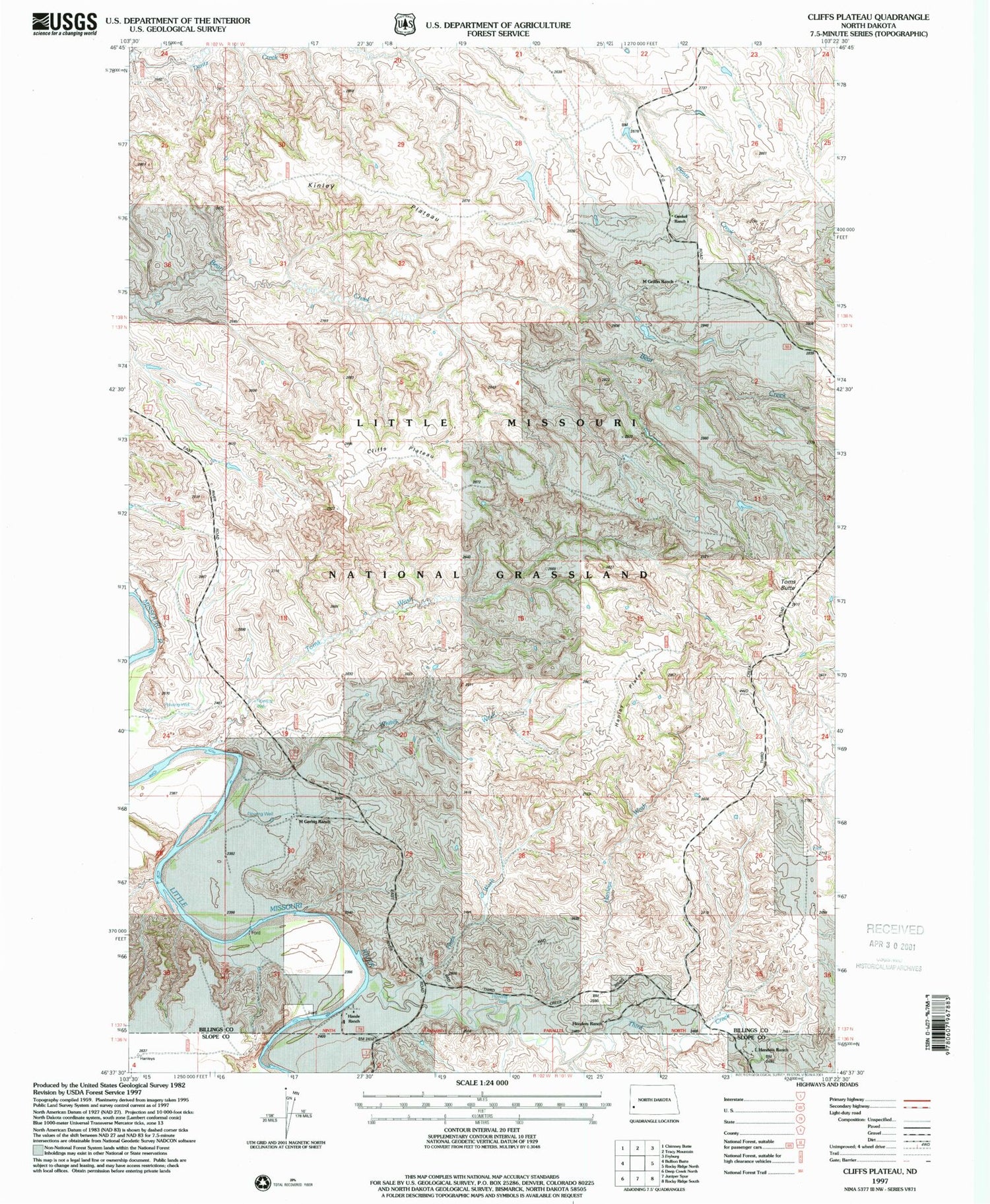 Classic USGS Cliffs Plateau North Dakota 7.5'x7.5' Topo Map Image