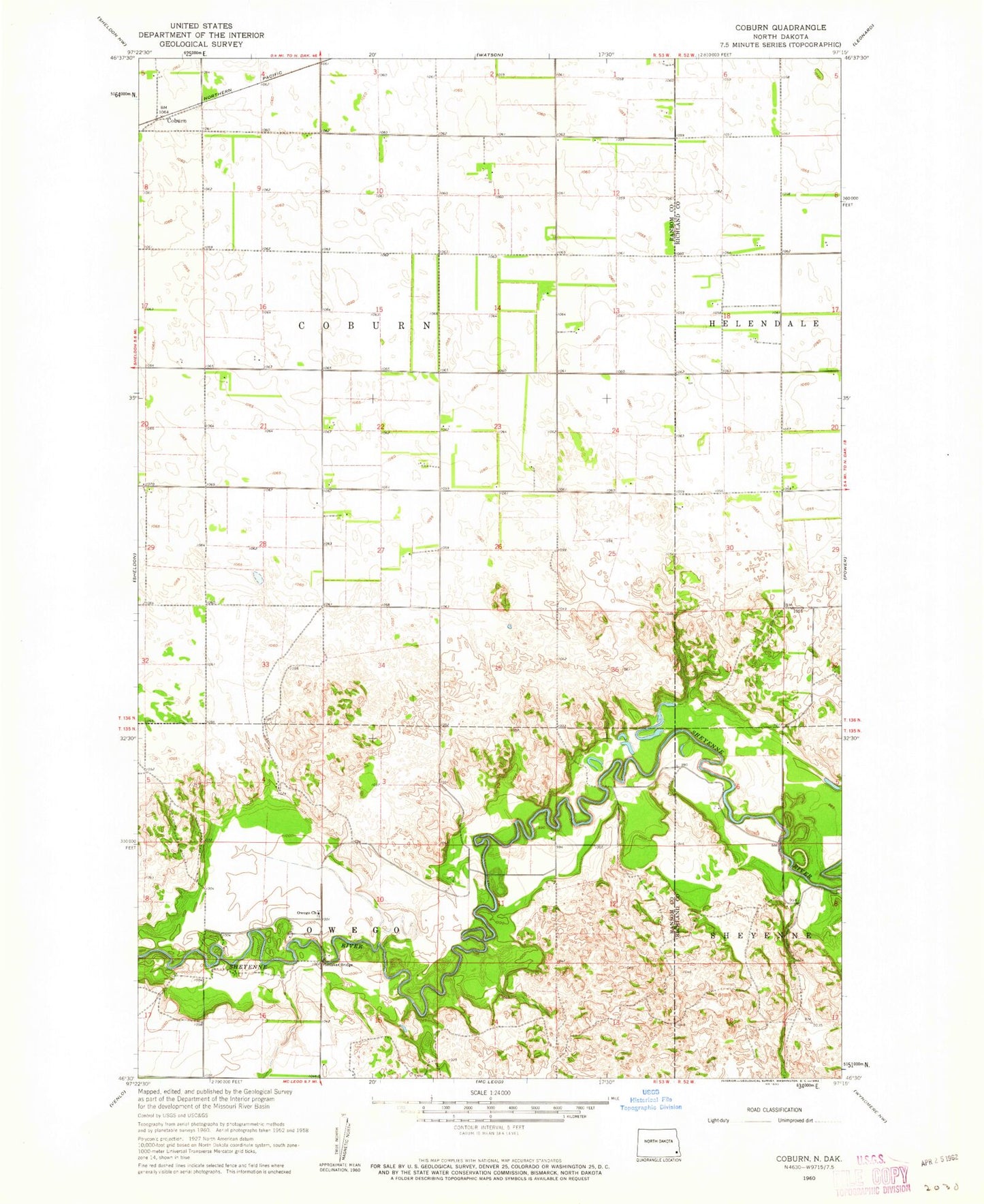 Classic USGS Coburn North Dakota 7.5'x7.5' Topo Map Image