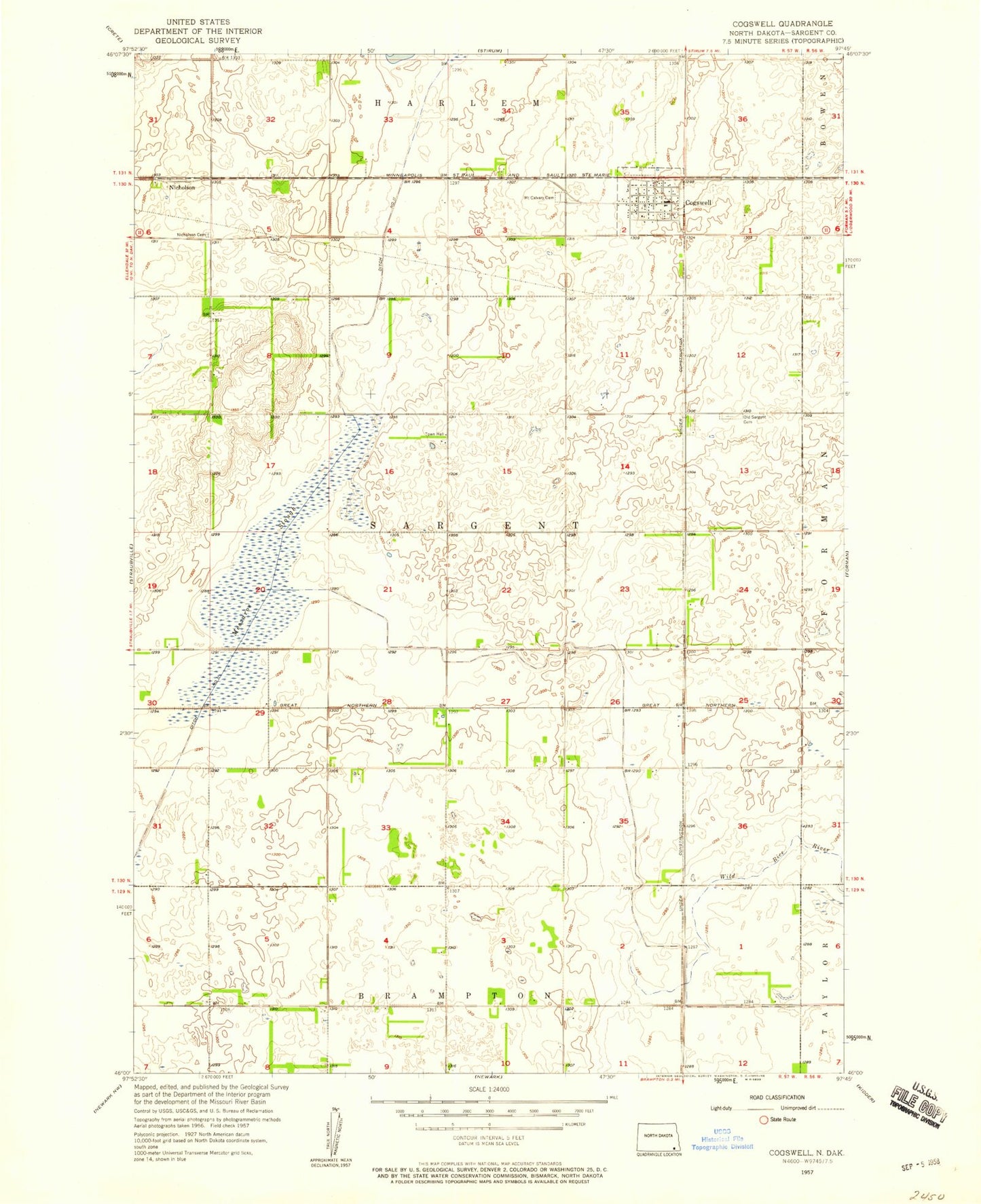 Classic USGS Cogswell North Dakota 7.5'x7.5' Topo Map Image