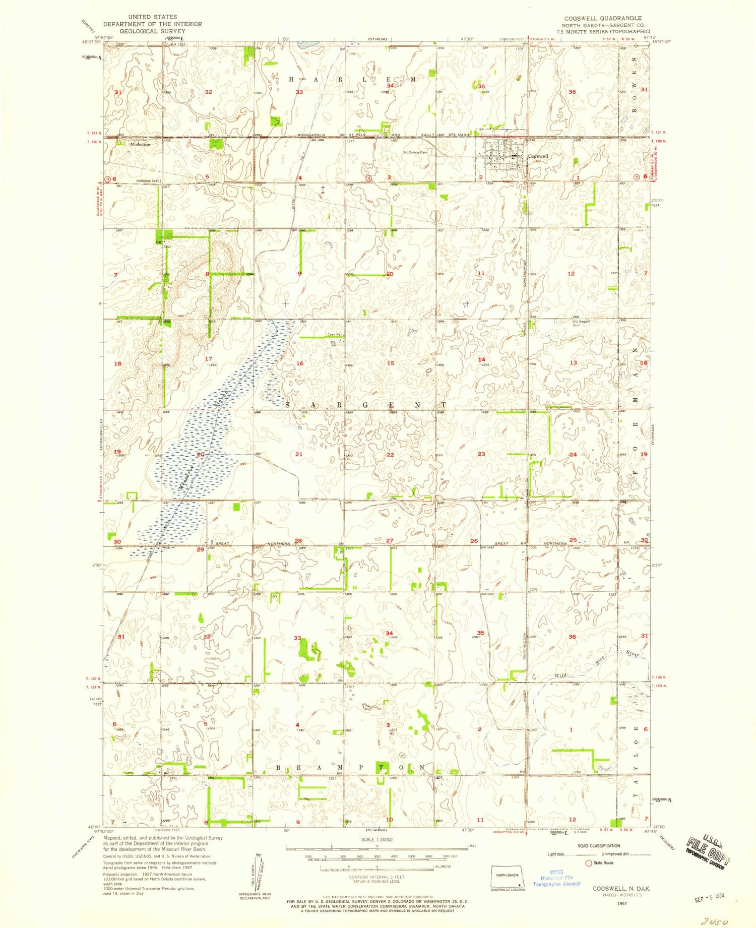 Classic USGS Cogswell North Dakota 7.5'x7.5' Topo Map Image