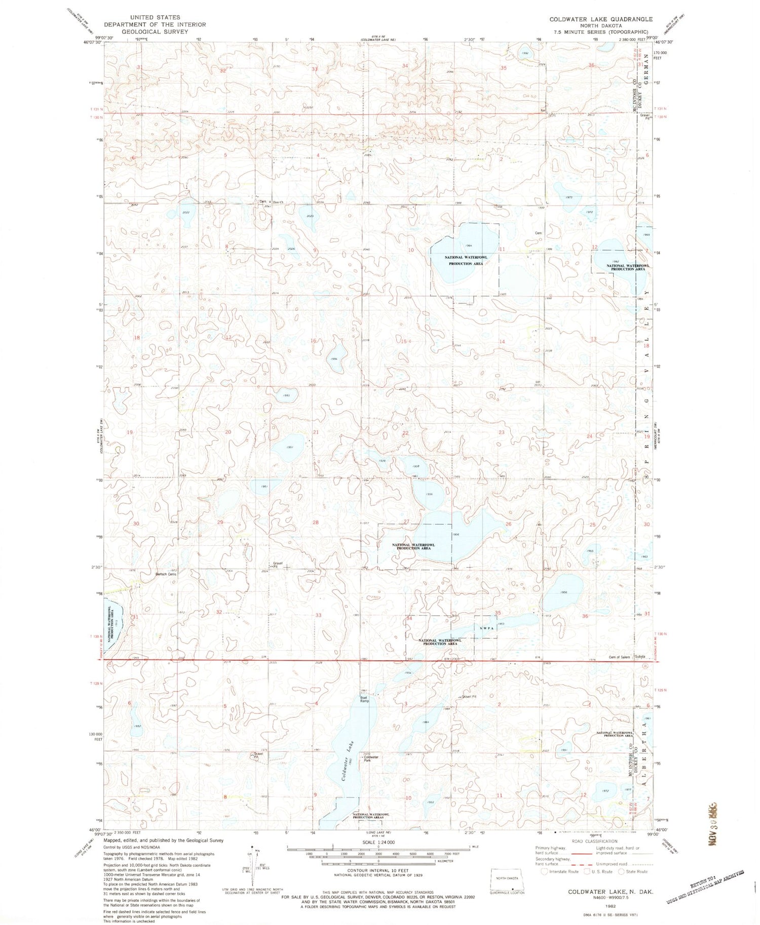 Classic USGS Coldwater Lake North Dakota 7.5'x7.5' Topo Map Image