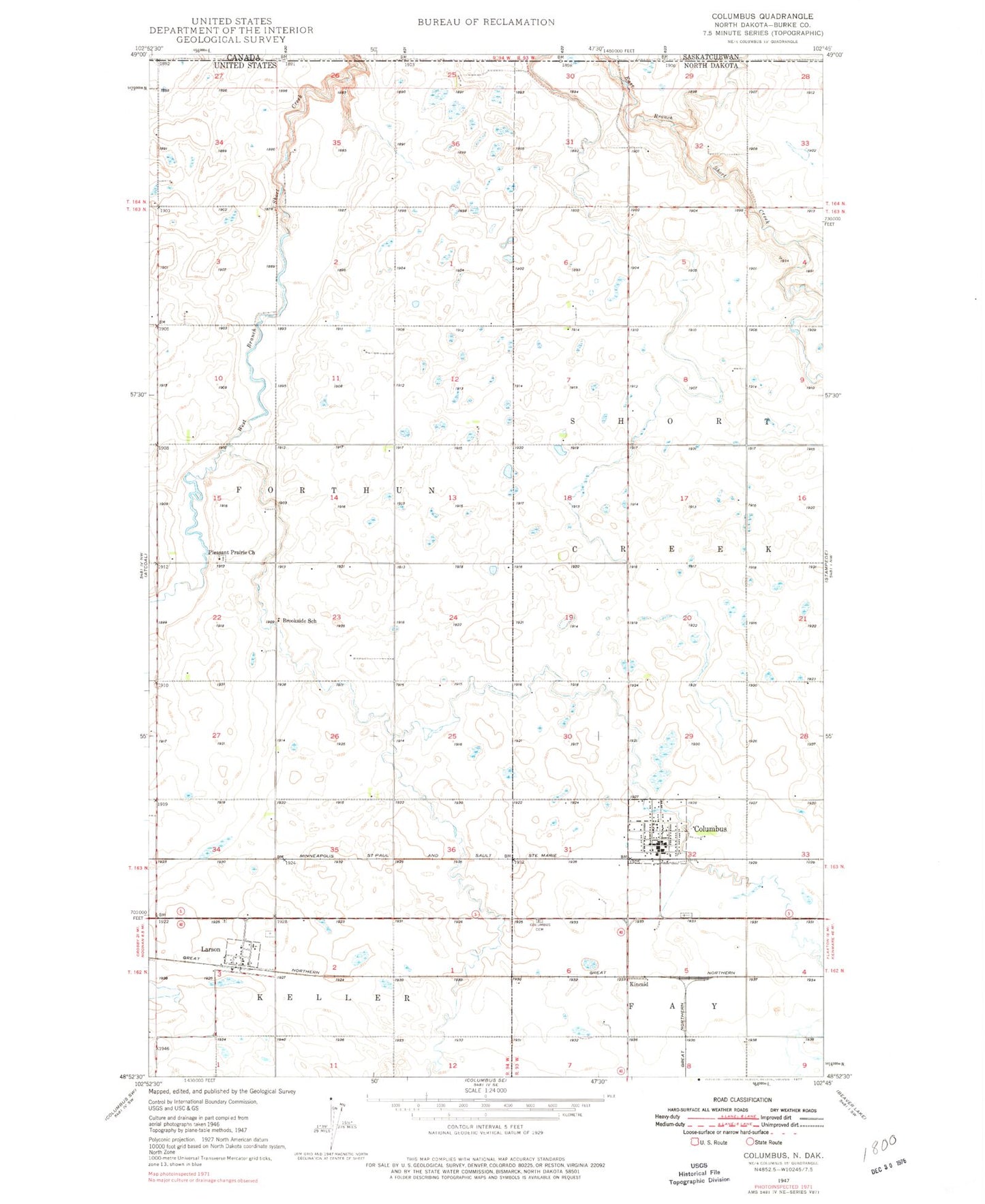 Classic USGS Columbus North Dakota 7.5'x7.5' Topo Map Image