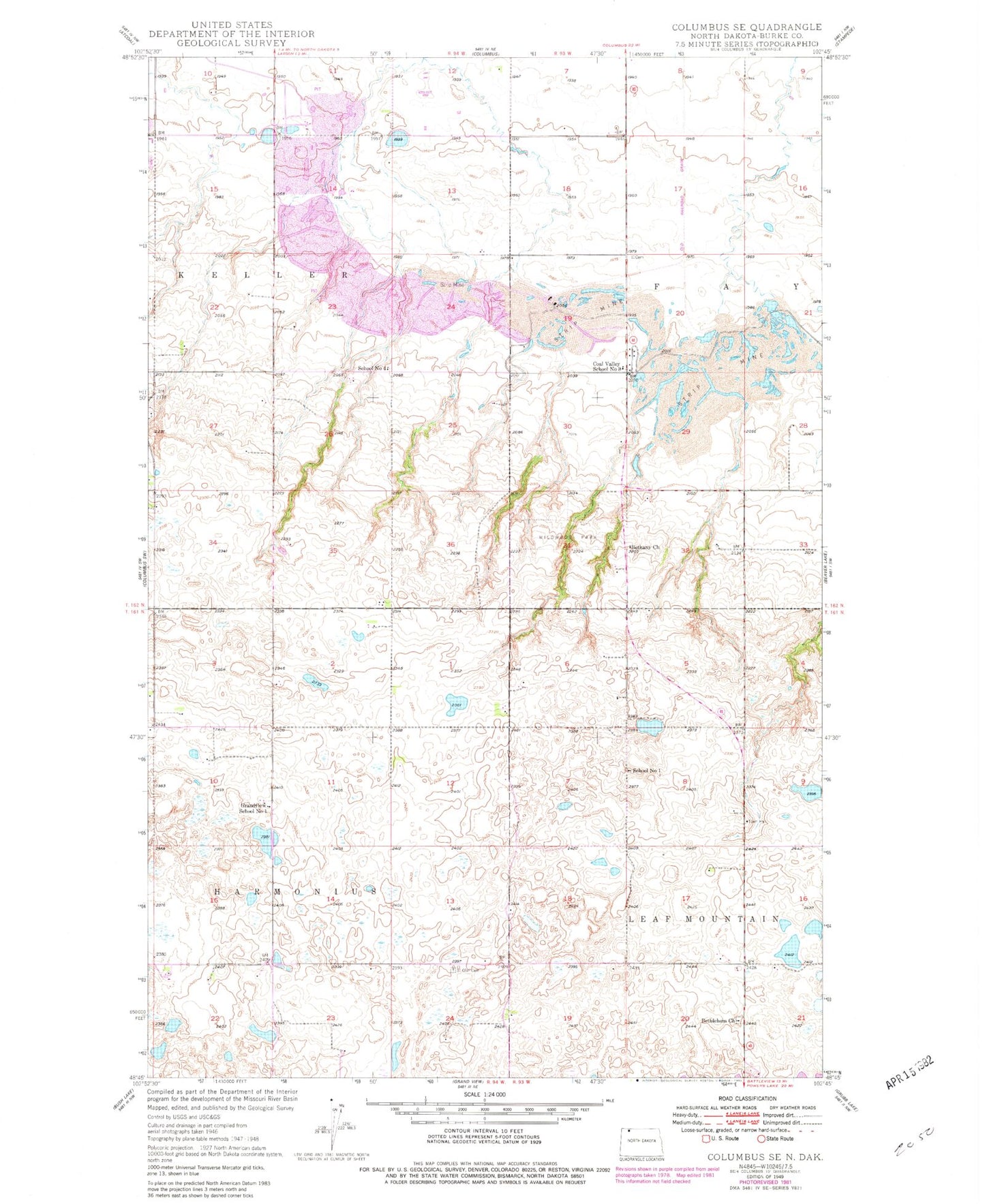 Classic USGS Columbus SE North Dakota 7.5'x7.5' Topo Map Image
