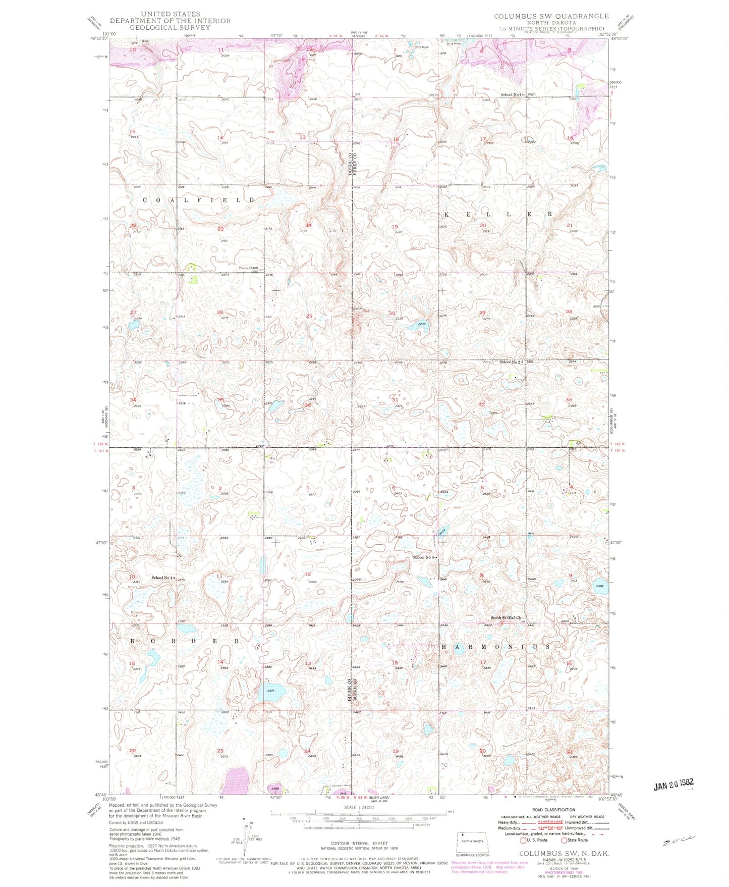 Classic USGS Columbus SW North Dakota 7.5'x7.5' Topo Map Image