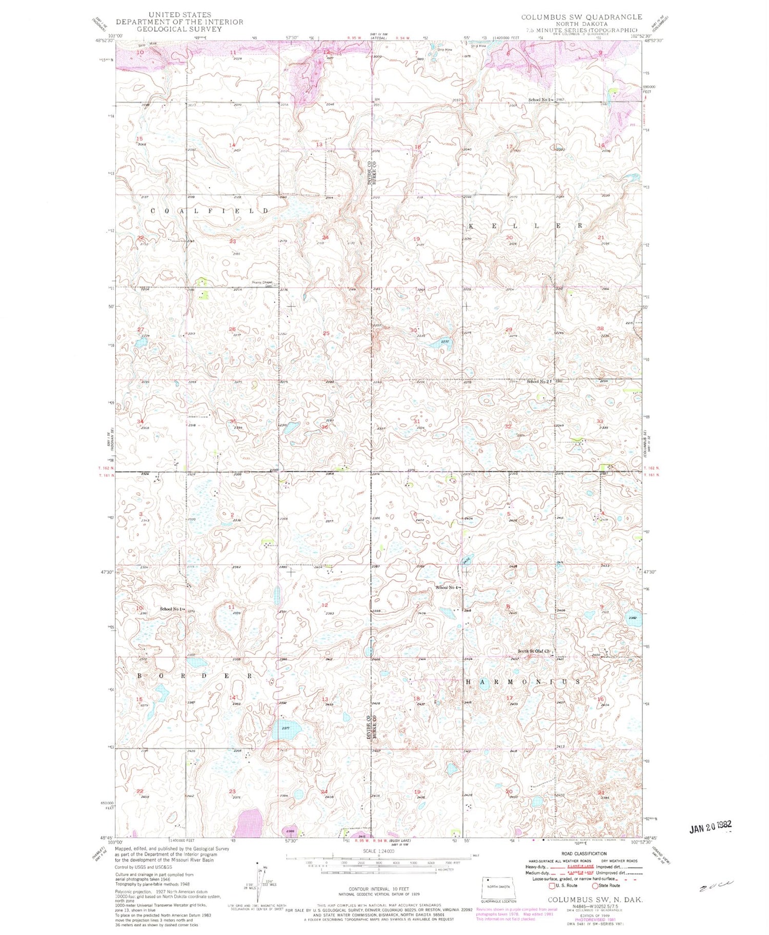 Classic USGS Columbus SW North Dakota 7.5'x7.5' Topo Map Image
