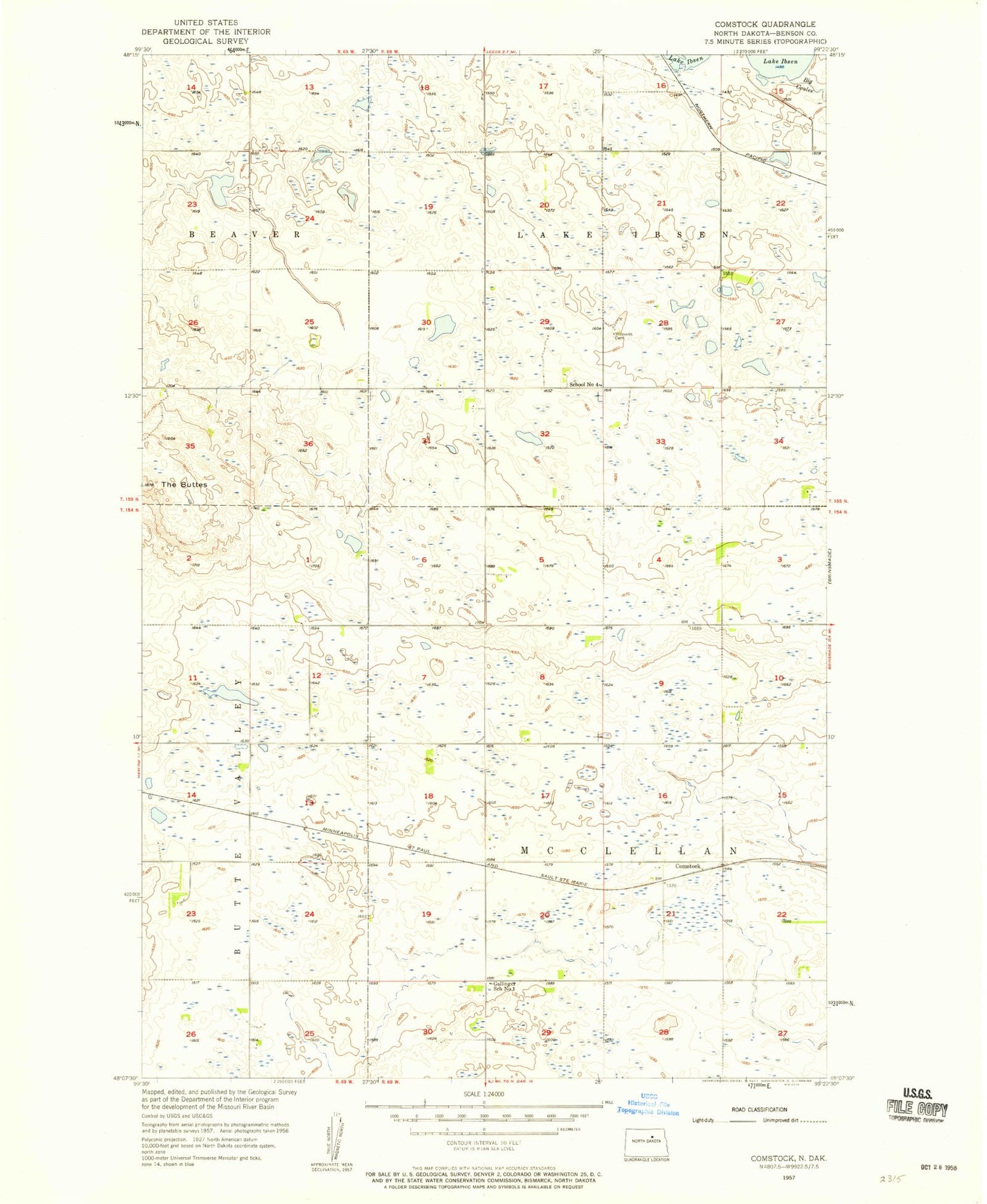 Classic USGS Comstock North Dakota 7.5'x7.5' Topo Map Image