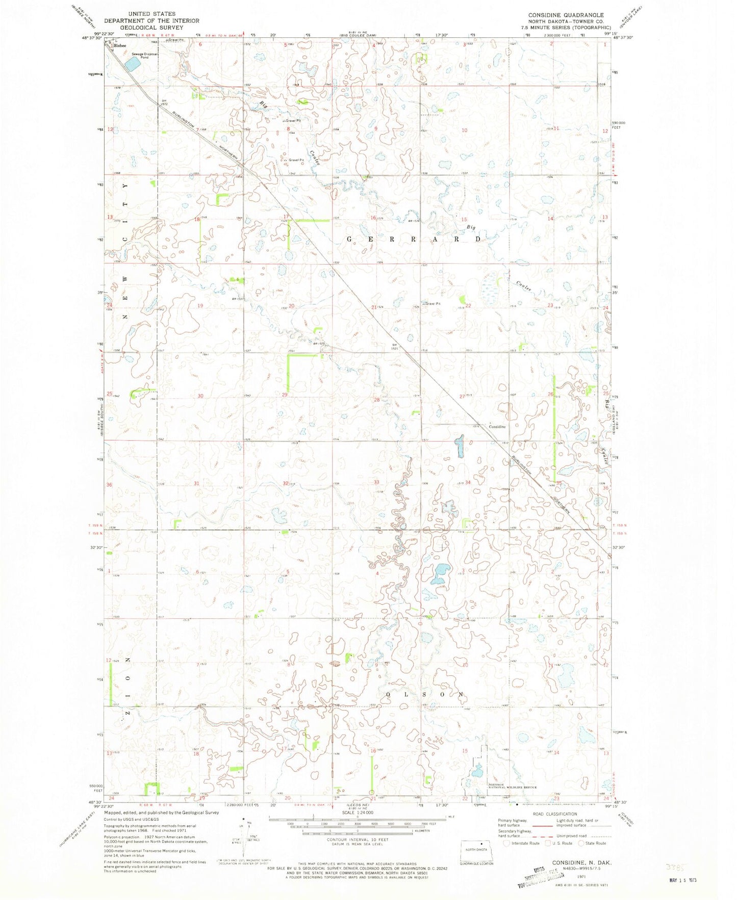 Classic USGS Considine North Dakota 7.5'x7.5' Topo Map Image