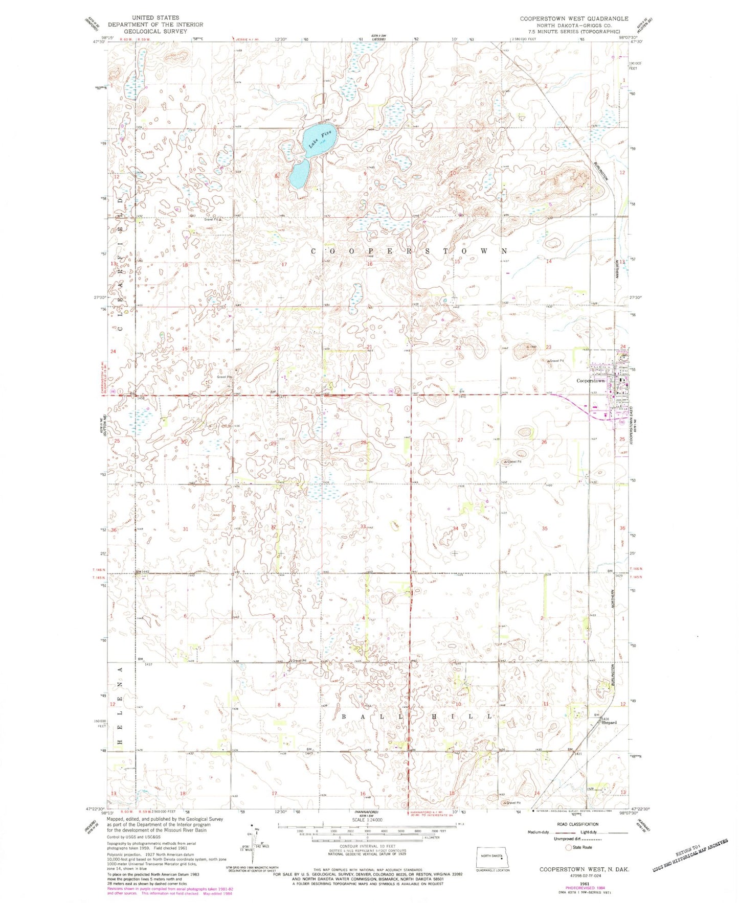 Classic USGS Cooperstown West North Dakota 7.5'x7.5' Topo Map Image