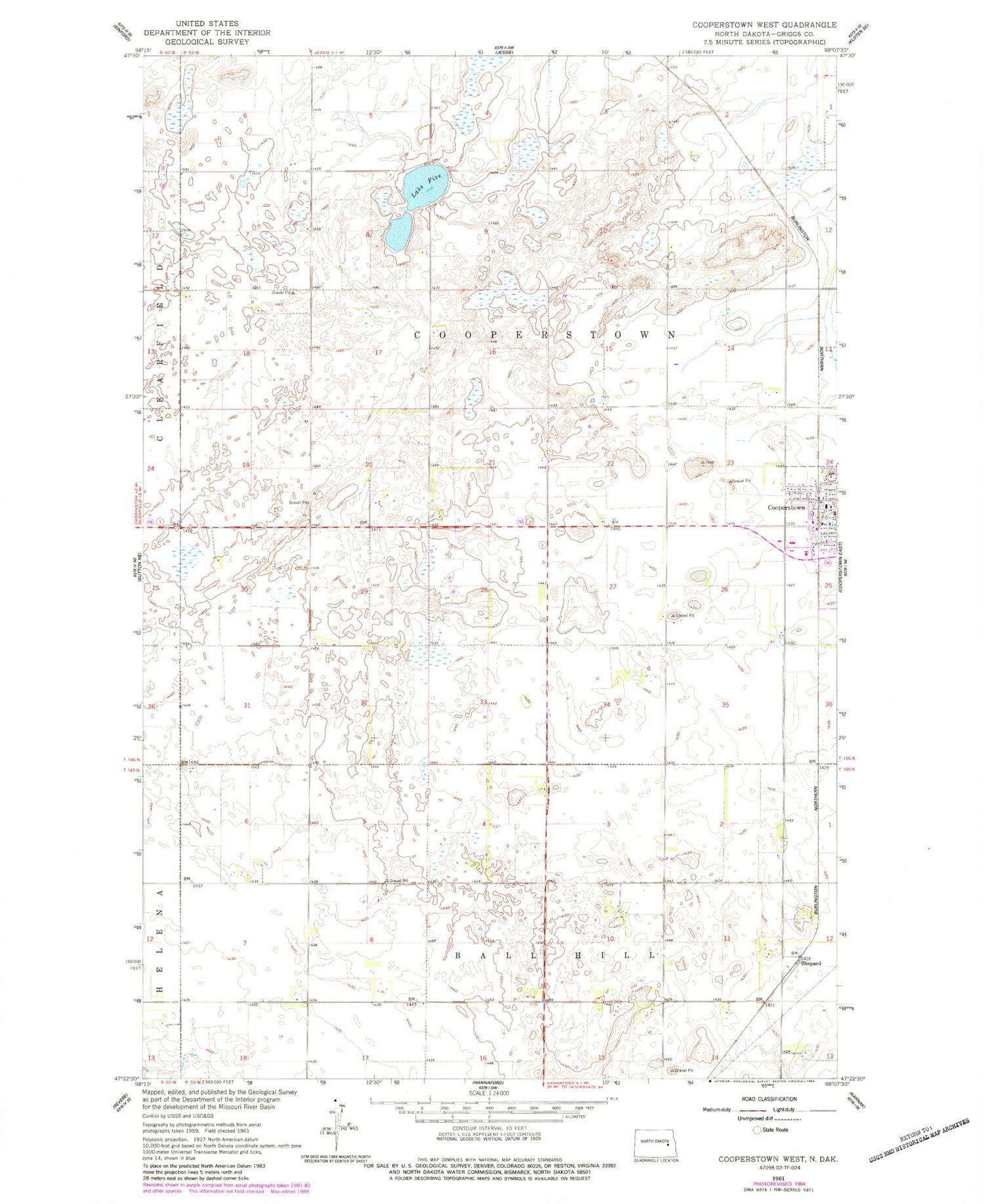 Classic USGS Cooperstown West North Dakota 7.5'x7.5' Topo Map Image