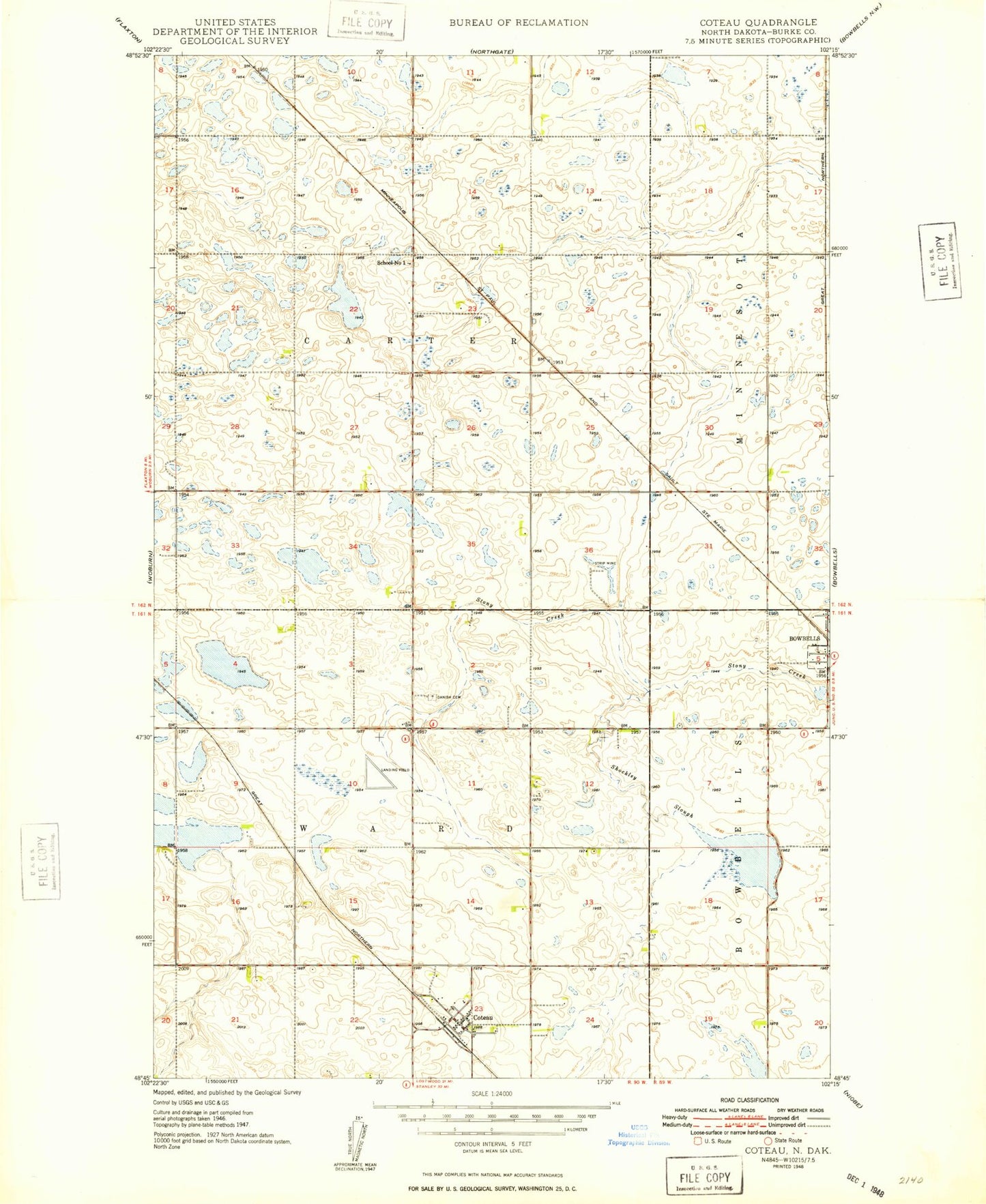 Classic USGS Coteau North Dakota 7.5'x7.5' Topo Map Image