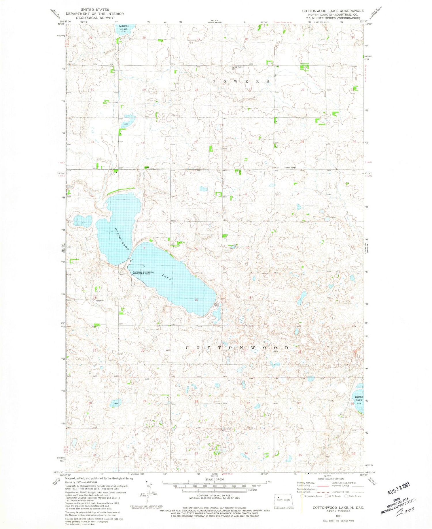 Classic USGS Cottonwood Lake North Dakota 7.5'x7.5' Topo Map Image