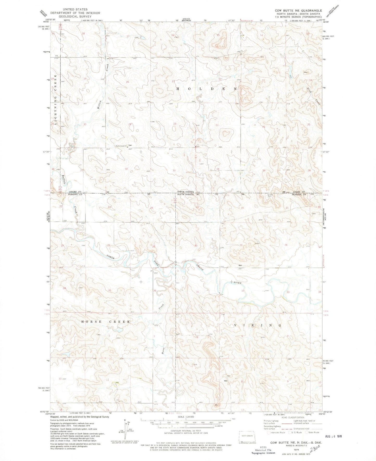 Classic USGS Cow Butte NE South Dakota 7.5'x7.5' Topo Map Image
