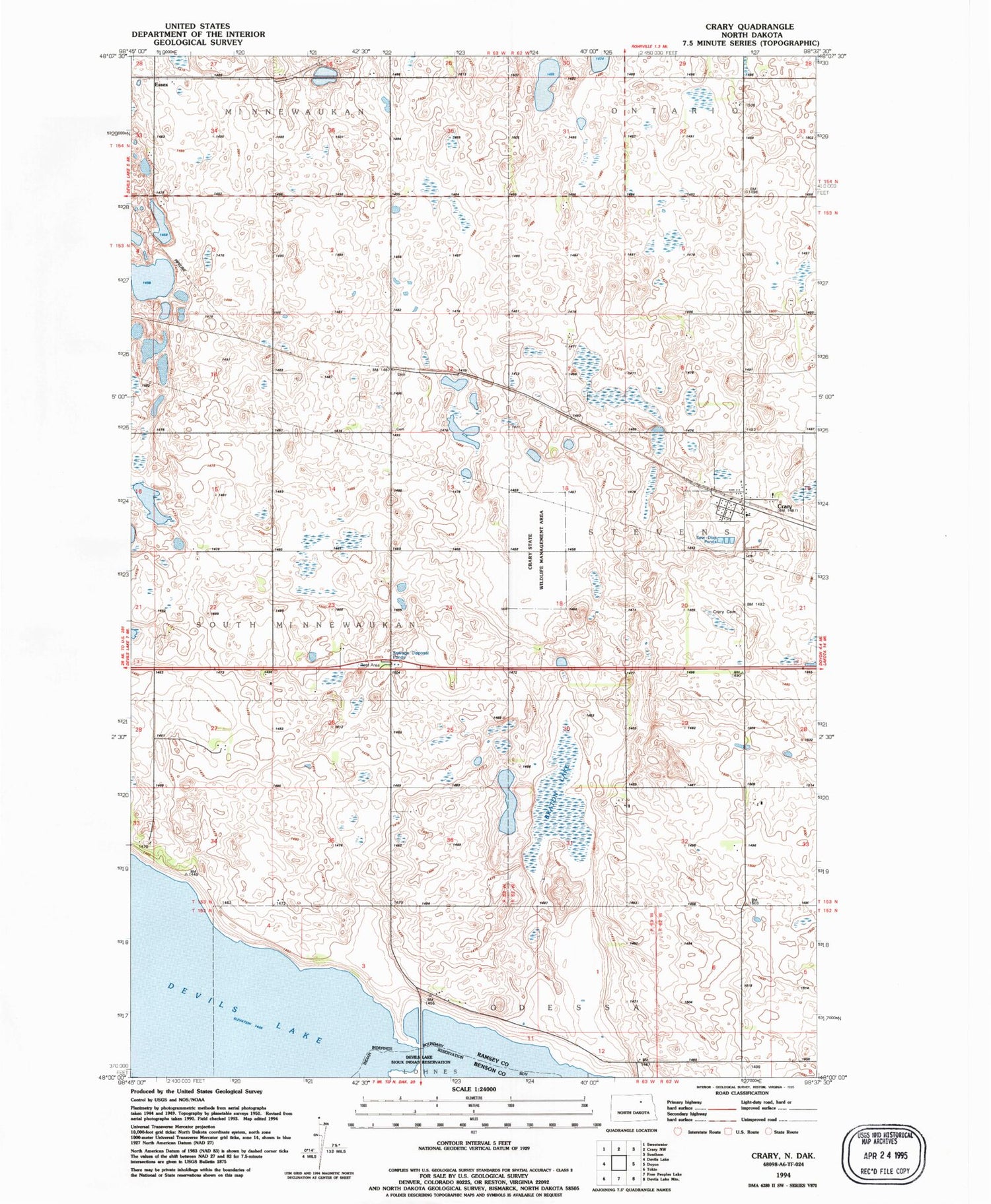 Classic USGS Crary North Dakota 7.5'x7.5' Topo Map Image