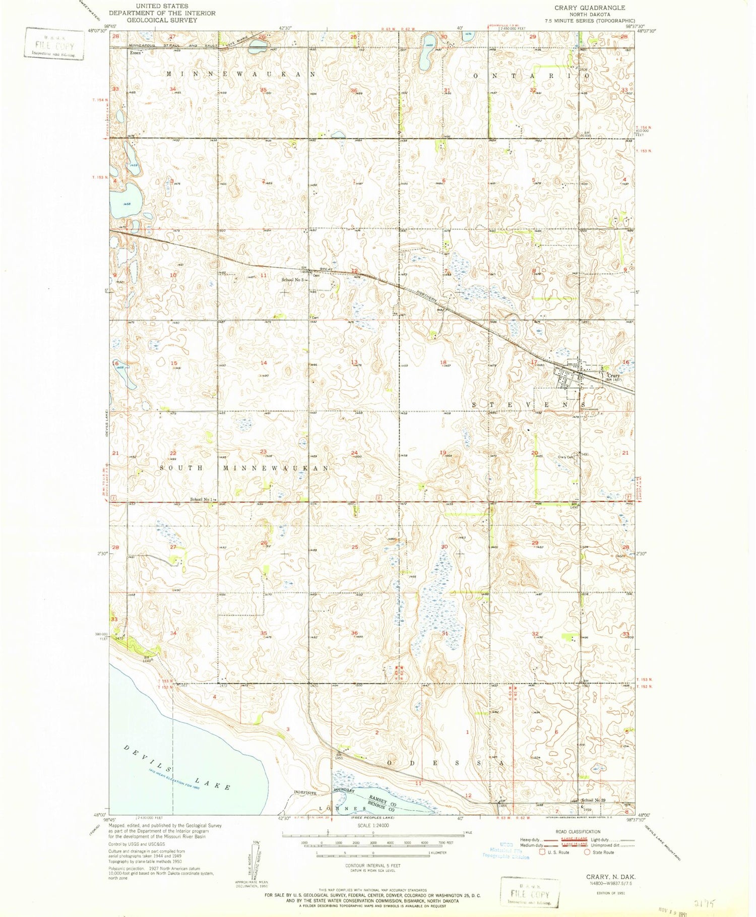 Classic USGS Crary North Dakota 7.5'x7.5' Topo Map Image