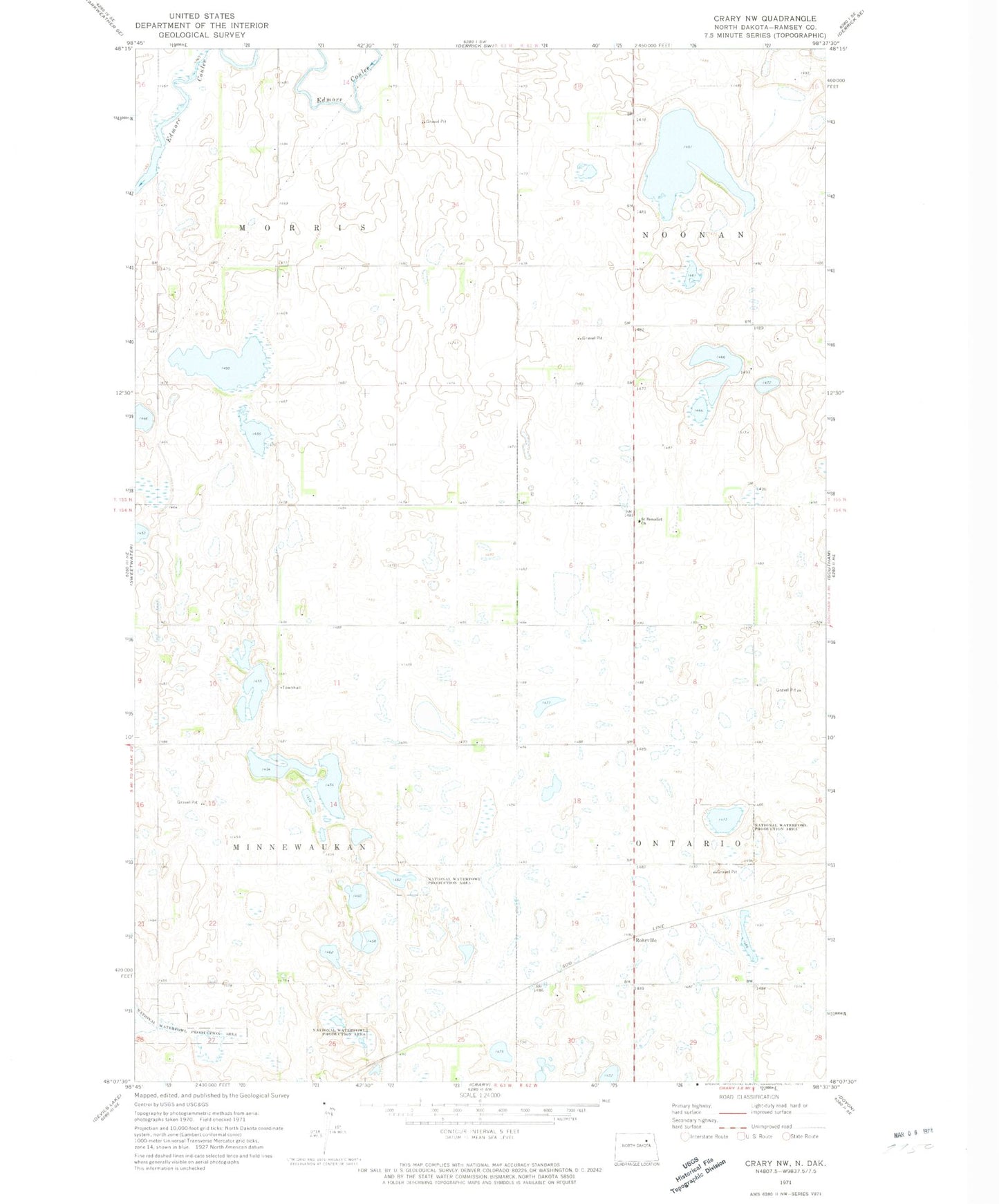 Classic USGS Crary NW North Dakota 7.5'x7.5' Topo Map Image