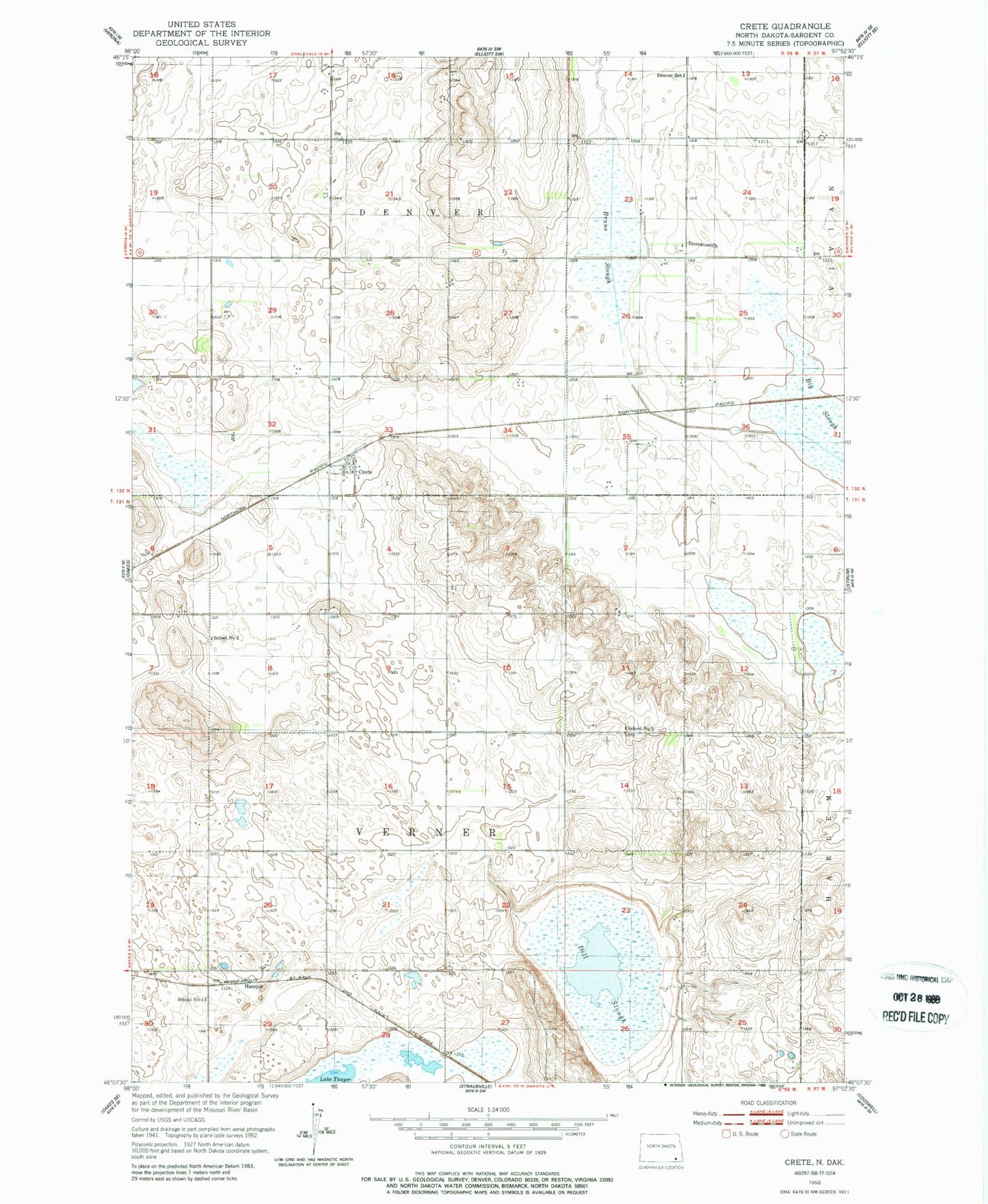 Classic USGS Crete North Dakota 7.5'x7.5' Topo Map Image