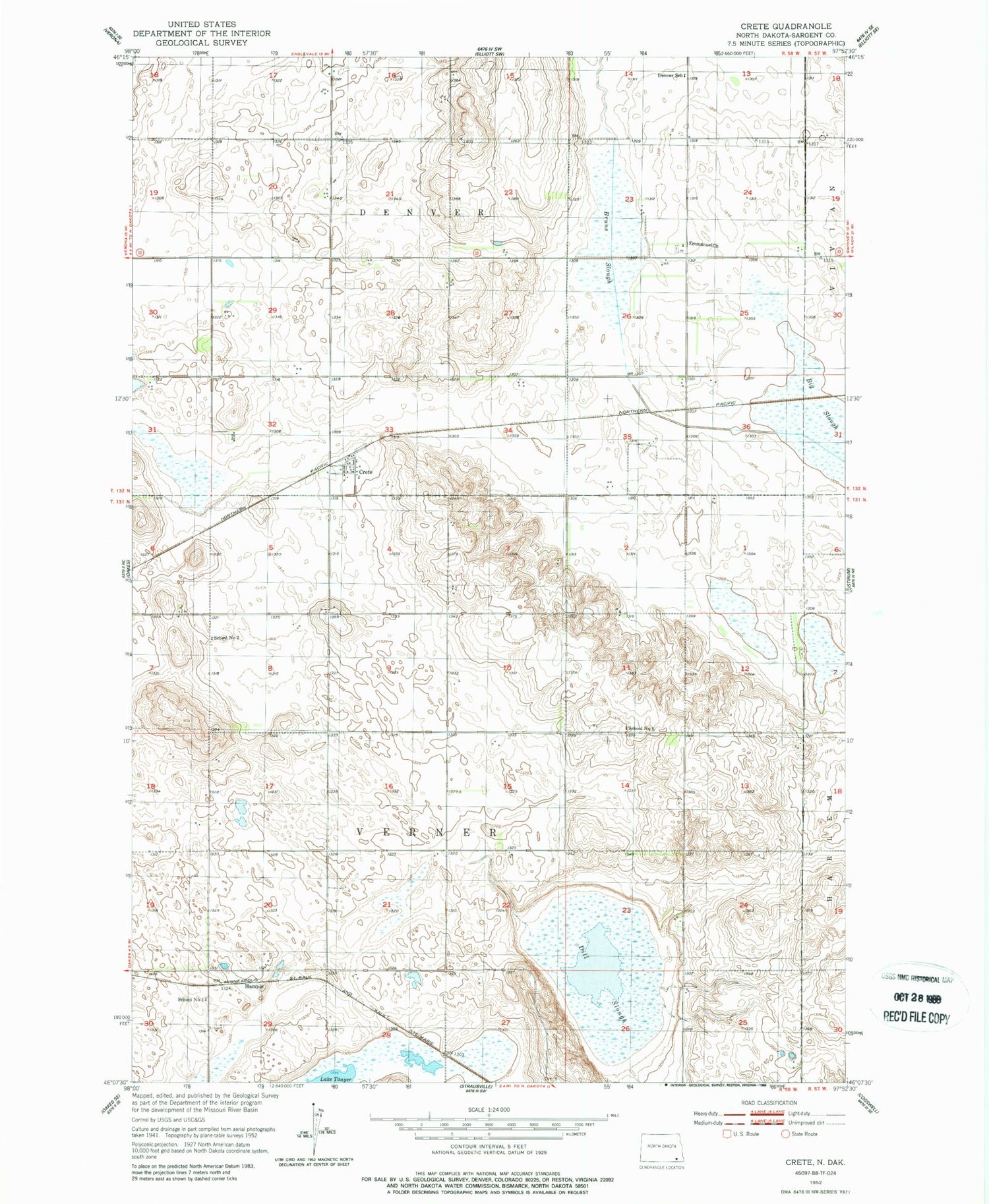 Classic USGS Crete North Dakota 7.5'x7.5' Topo Map Image