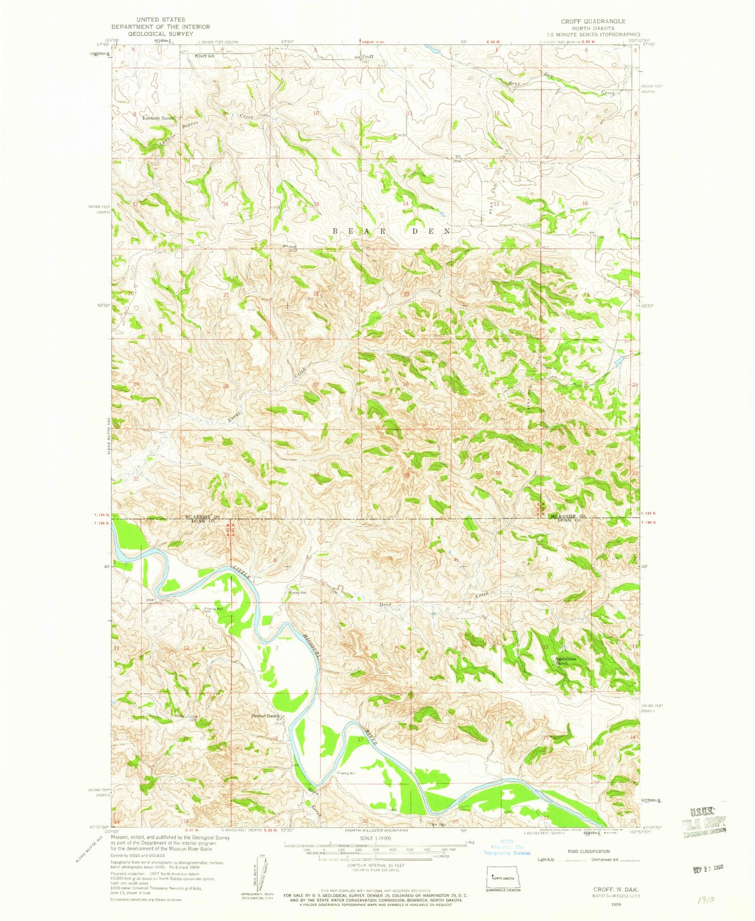 Classic USGS Croff North Dakota 7.5'x7.5' Topo Map Image