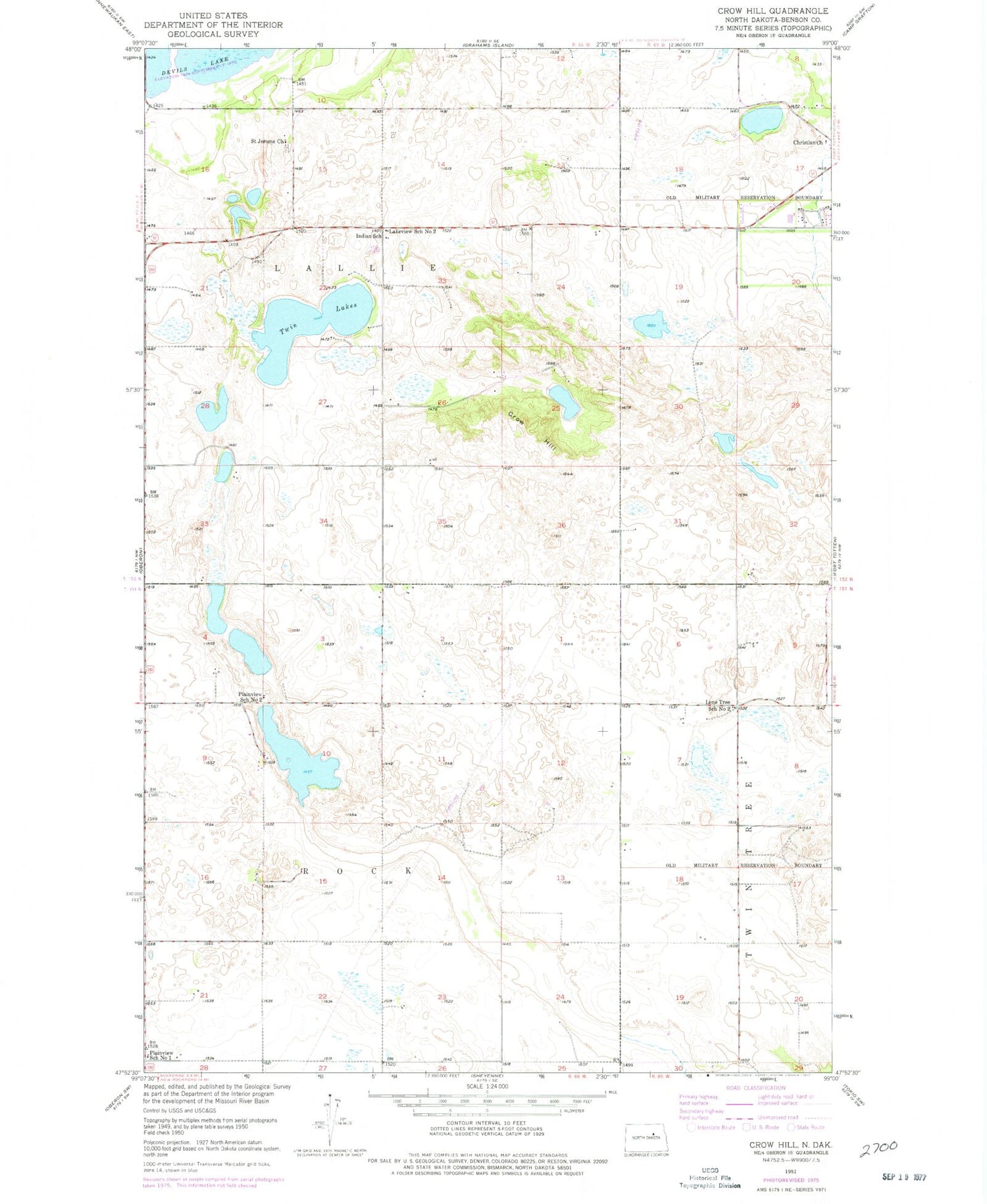 Classic USGS Crow Hill North Dakota 7.5'x7.5' Topo Map Image