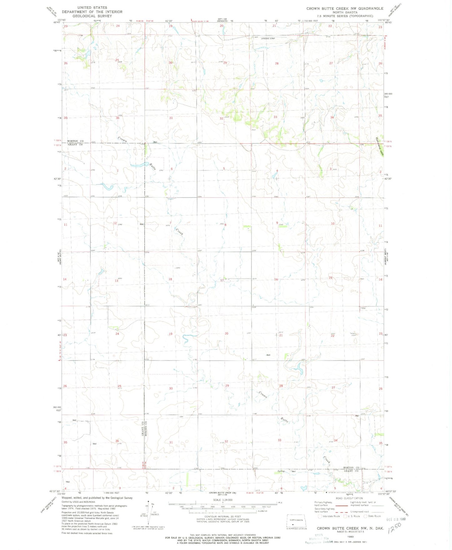 Classic USGS Crown Butte Creek NW North Dakota 7.5'x7.5' Topo Map Image