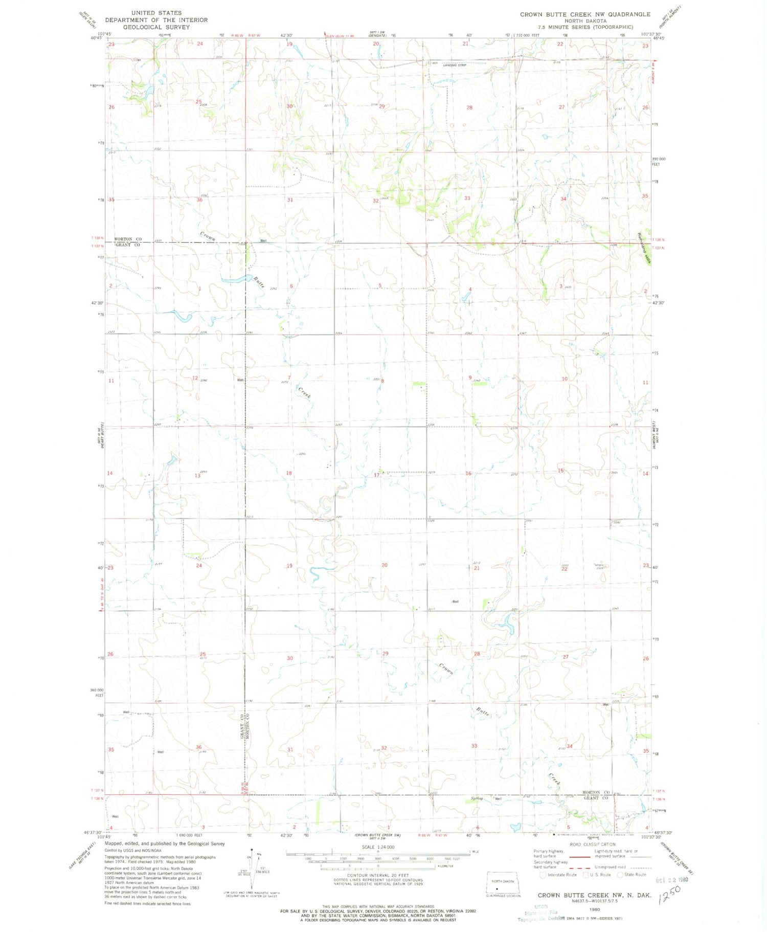 Classic USGS Crown Butte Creek NW North Dakota 7.5'x7.5' Topo Map Image